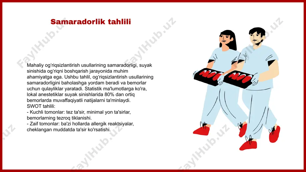 jtimoiy integratsiyani ta'minlashga yordam beradi. sog'liqni saqlash mutaxassisi “ xulosa ushbu slaydda suyak sinishida mahaliy ogʻriqsizlantirish usullari haqida qisqacha ma'lumot berilgan. ogʻriqsizlantirishning asosiy usullari - dorilar, fizioterapiya va akupunktur. ushbu usullar jarohatning darajasiga qarab samarali bo'lishi mumkin. misol uchun, ogʻriqni kamaytirish uchun dorilarni qo'llash, fizioterapiya esa bemorning harakatlanishini tiklashda muhim ahamiyatga ega. samaradorlik tahlili jarayonida, ogʻriqsizlantirish usullarining ta'sirini o'lchashda statistik ma'lumotlar to'plandi. swot tahlili orqali har bir usulning kuchli va zaif tomonlari, shuningdek, imkoniyatlari va tahdidlari aniqlanadi. reabilitatsiya jarayonida bemorlarning sog'lig'ini tiklash uchun usullarning muhimligi ta'kidlanadi, bu jarayonning har bir bosqichida bemorning holati doimiy nazorat qilinadi. q&a image1.png image2.png image3.png image6.png image4.png image5.png image9.png image10.png