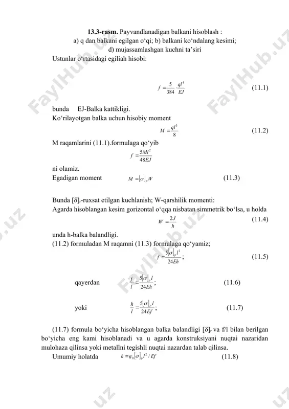 ) mujassamlashgan kuchni ta’siri ustunlar o‘rtasidagi egiliah hisobi: (11.1) bunda ej-balka kattikligi. ko‘rilayotgan balka uchun hisobiy moment (11.2) m raqamlarini (11.1).formulaga qo‘yib ni olamiz. egadigan moment (11.3) bunda [δ]r-ruxsat etilgan kuchlanish; w-qarshilik momenti: agarda hisoblangan kesim gorizontal o‘qqa nisbatan simmetrik bo‘lsa, u holda (11.4) unda h-balka balandligi. (11.2) formuladan m raqamni (11.3) formulaga qo‘yamiz; ; (11.5) qayerdan ; (11.6) yoki ; (11.7) (11.7) formula bo‘yicha hisoblangan balka balandligi [δ]r va f/l bilan berilgan bo‘yicha eng kami hisoblanadi va u agarda konstruksiyani nuqtai nazaridan mulohaza qilinsa yoki metallni tegishli nuqtai nazardan talab qilinsa. umumiy holatda (11.8) konstruksiyalarni turli elementlari uchun ст 3 po‘latdan olingan balkalar quyidagicha nisbatda bo‘lishi mumkin f/l (11.1 jadval) 2.1-jadval konstruksiyalarni bikrligi xarakteristikasi konstruksiya plani f/l kran ostidagi balkalar va formalar: 1/500 -qo‘lda ishlaydigan kranlar -50 tonna yo‘q ko‘taradigan elektr kranlarda 1/600 -50 tonnadan ortik yo‘q ko‘taradigan elektr kranlarda 1/750 -monorelsli yo‘llarda 1/400 ishlab chiqarish imoratlarini ishchi maydonlari …