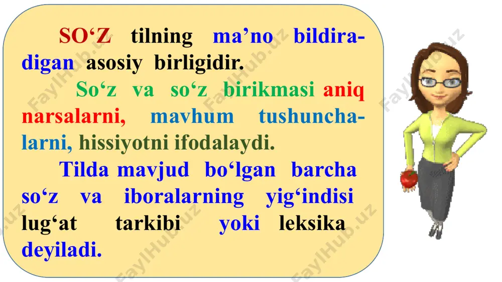 ini va nutqini boyitishda eng ishonarli manba badiiy asarlar hisoblanadi. o‘qish darslarida o‘quvchilar oybek, h.olimjon, m.shayxzoda, g‘.g‘ulom, h. hakimzoda, zulfiya, x.to‘xtaboyev, p. mo‘min, q.muhammadiy, sh.sadulla, z.diyor, n.fozilov, t.adashboyev, a.obidjon kabi ko‘pgina so‘z ustalarining asarlarini o‘qiydilar. 3. bolalar mustaqil o‘qishga o‘rgangan-laridan keyin ular lug‘atiga kitob, gazeta, jurnal materiallari katta ta’sir qiladi. shuning uchun ham sinfdan tashqari mustaqil o‘qish va unga rahbarlik shakllari o‘quvchilar lug‘atini boyitishning, nutqini o‘stirishning eng muhim manbalaridan hisoblanadi. 4. maxsus mashqlar yordamida grammatika va imloni o‘rganish darslari ko‘pgina so‘z va atamalarni o‘zlashtirishga yordam beradi, o‘quvchilar predmet, belgi, harakat, sanoq, tartib ifodalaydigan so‘zlarni bilib oladilar. bu darslarda o‘quvchilar lug‘ati tartibga solinadi, so‘z turkumlarini o‘rganish jarayonida guruhlanadi, so‘z tarkibi, so‘z yasalishi, so‘zlarning o‘zgarishini o‘rganish bilan esa lug‘atga aniqlik kiritiladi; ular o‘rgangan so‘zlaridan o‘z nutqlarida foydalana boshlaydilar, natijada lug‘atlari faollashadi. so‘zlarning ma'nosini tushuntirish o‘quvchilar lug‘atini boyitadi, nutqini o‘stiradi. boshlang‘ich sinflarda o‘qitiladigan fanlarning atamalari ham tushuntirilishi lozim bo‘lgan so‘zlar qatoriga kiritiladi. atamalarning …