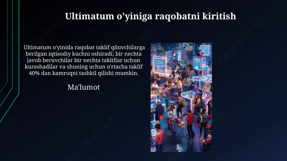 ental sessiyalar o'tkaziladi. bozor tajribalari – bu iqtisodiyotda real bozor sharoitlarini simulyatsiya qilish usuli bo'lib, ishtirokchilar pul yoki boshqa mukofotlar bilan savdo qiladilar. bu 1940-yillarda ishlab chiqilgan muhim vositadir. bozorda o'zaro ta'sir ijtimoiy afzalliklar va raqobat kiritish bilan ultimatum o'yini kabi bozor tajribalari, adolat va o'z-o'zini xatti-harakatlariga olib keladi, standart modellar 30% hollarda noto'g'ri bashorat qiladi. bozorda o'zaro ta'sir dinamikasi talab va taklif egri chiziqlari bilan bog'liq; 10% talab o'zgarishi muvozanat narxlariga va 5% taklif o'zgarishi miqdorlarga ta'sir qilishi mumkin. e'tiboringiz uchun rahmat @taqdimot_robot image1.jpg image2.jpg image3.jpg image4.jpg image5.jpg image6.jpg image7.jpg image8.jpg image9.jpg image10.jpg image11.jpg image12.jpg image13.jpg image14.jpg image15.jpg image16.jpg image17.jpg