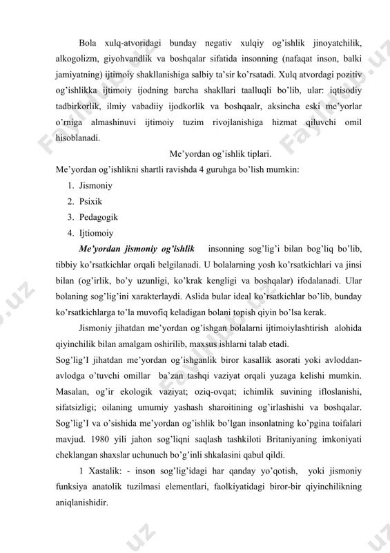 ati cheklangan shaxslar uchunuch bo’g’inli shkalasini qabul qildi. 1 xastalik: - inson sog’lig’idagi har qanday yo’qotish, yoki jismoniy funksiya anatolik tuzilmasi elementlari, faolkiyatidagi biror-bir qiyinchilikning aniqlanishidir. 2 cheklangan imkoniyat – inson uchu me’yordagidek hisoblanadigan har qanday cheklanish yoki o’z faoliyatining yo’qolishi (nuqsonning ko’pligi yoki asorati) yoki inson faoloiyati doirasidagi har qanday cheklanishlar. 3 layoqatsizlik (nogironlik) – inson sog’lig’idagi nuqsonlar asorati yoki cheklangan imkoniyat, me’yoriy qaysidir rolning bajarilishiga to’siq bo’lgan, yosh ko’rsatkichlari, jinsiy yoki ijtimoiy omillardan kelib chiqadigan holat. g’arbiy davlatlarda “sog’lig’ida imkoniyati cheklangan shaxslar” tushunchasi qabul qilingan. o’zbekistonda ham bu tushuncha kiritilib, unga jismoniy va psixik kamchiligi bo’lgan bolalar taalluqlidir. bunday bolalarning sog’lig’idagi nuqsonlari ularning standartdagi ta’lim olishlarida to’siqlik qiladi, shu sababli ta’lim olishda maxsus sharoitlar yaratilishini talab etadi. shuningdek “nuqsonli” tushunchasi kiritilgan bo’lib, ular jismoniy, psixik og’ir va murakkab kabi turlarga ajratilgan. me’yordan psixik og’ishlik eng avvalo bolaning aqliy rivojlanishi uning psixik nuqsonlari bilan bog’liq. bu guruhga eng avvalo …