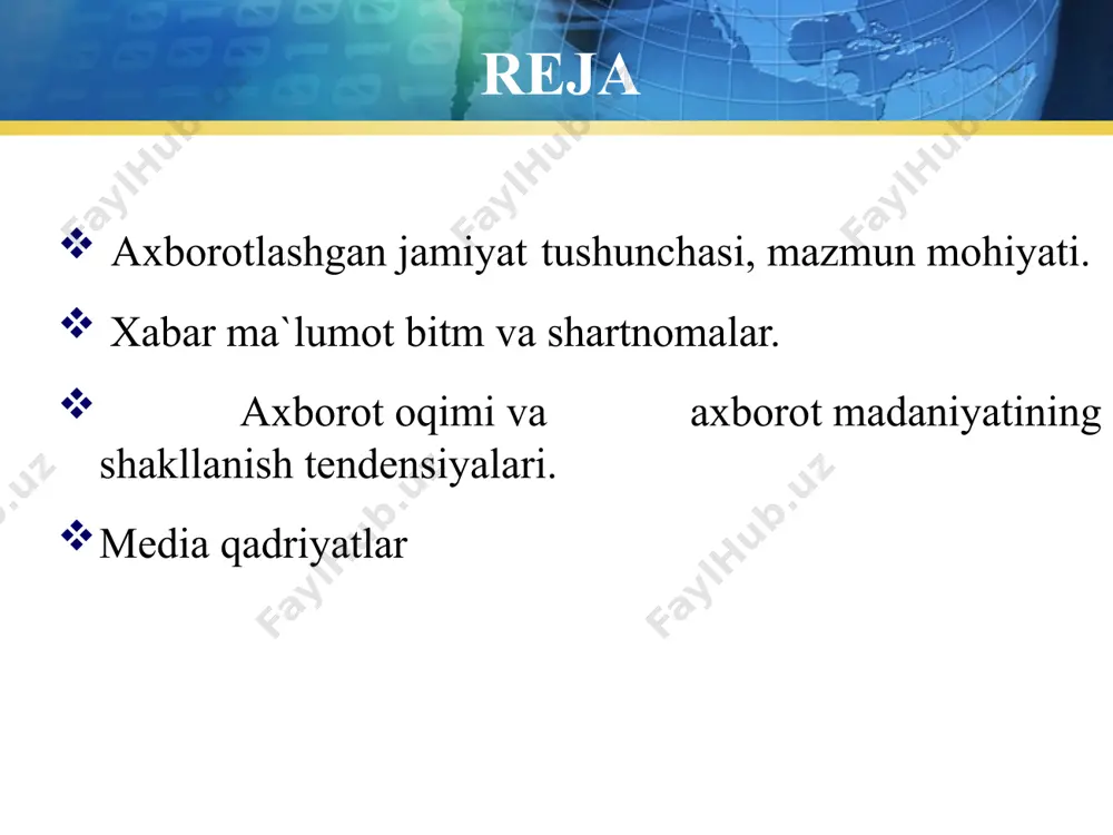 otlar turlariga o'z misollaringizni qo'shing: inson va jamiyat doimiy ravishda ma’lum bir axborot muhitida bo‘ladi. buni hattoki “axborotning yo‘qligi ham, baribir axborot” degan ibora tasdiqlaydi. axborotdan mahrum bo‘lish, dezinformatsiya har qanday jarayonni turg‘unlashuvga, shaxs va jamiyatni esa degradatsiya holatiga olib keladi. axborotning xususiyatlari axborot xususiyatlari ob'ektivlik to'liqlilik tushunuvchanlik muvofiqlik mavjudligi ishonchlilik полнота — свойство информации исчерпывающе (для данного потребителя) характеризовать отображаемый объект или процесс; актуальность— способность информации соответствовать нуждам потребителя в нужный момент времени; достоверность — свойство информации не иметь скрытых ошибок. достоверная информация со временем может стать недостоверной, если устареет и перестанет отражать истинное положение дел; доступность — свойство информации, характеризующее возможность ее получения данным потребителем; понятность — свойство, характеризующее выраженность на понятном языке для получателя объективность — свойство, характеризующее независимость от чьего-либо мнения, суждения 11 axborotni jamiyatda tutgan o`rni jamiyat hayotida axborot xomashyo, energiya, moliyaviy va boshqalar kabi zaruriy manbadir. bundan tashqari, axborot hozirgi kunda sotib olish va …