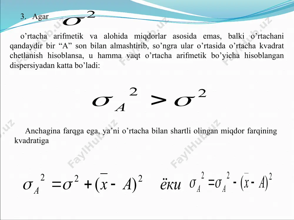 ki nisbiy tafovutlar qiziqtirganda geometrik o`rtachadan foydalanamiz. ma`lumki, geometrik o`rtachaga nisbatan nisbiy tafovutlar hisoblanganda ular o`zaro yeyishadi. shuning uchun v ariatsiya ko`rsatkichlari yordamida nisbiy tafovutlarni o`lchash zarur bo`lganda ular geometrik o`rtachaga asoslanadi. geometrik o`rtacha logarifmi belgi qiymatlarining logarifmlariga asoslangan arifmetik o`rtacha bo`lgani uchun dispersiya ham ular asosida hisoblanadi, ya`ni saflangan qatorlarda n xx geom x geom    2 2 )log(log log (8.15) vaznli qatorlarda     f fxx geom x geom 2 2 )log(log log (8.15a) bu formulalar yordamida topilgan dispersiya logarifmini antilogarifmlash natijasida dispersiyaning natural qiyati olinadi, undan esa kvadratik o`rtacha tafovut hosil qilish qiyin emas. /docprops/thumbnail.jpeg dispersiya. dispersiyalar turlari_x000b_ statistika fanidan dispersiya. dispersiyalar turlari mavzusida tayyorlangan taqdimot reja: 1. dispersiyaning asosiy xossalari 2. dispersiyani moment usuli bilan aniqlash 3. dispersiya turlari va uning qo’shish qoidasi 1. dispersiyaning asosiy xossalari o’rtacha kvadrat chetlanish bir qancha matematik xossalarga ega, ular uni hisoblashni soddalashtiradi yoki engillashtiradi. 1. …
