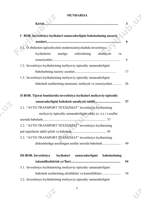 ashni takomillashtirish llari............................................. 58 xulosa............................................................................................ 64 foydalanilgan adabiyotlar ro’yhati........................................... 68 kirish mavzuning dolzarbligi. malakaviy ish mavzusining dolzarbligi, eng avvalo, investitsiya loyihalarining muvaffaqiyatli amalga oshirilishi, samaradorlikni baholashning turli usullari asosida puxta tahlil qilinishi va chuqur baholanishiga g liqligi bilan xususiyatlanadi. mamlakatimiz iqtisodiyotini rivojlantirish va barqarorligini ta i lash a investitsiyalarning, shu jumladan xorijiy investitsiyalarning beqiyos ri tutishini alohida ta i laga holda shuni aytish mumkinki, investitsiyalarga lga e ti r i g kuchayishi bugungi kunga kelib, mamlakatimizdagi investitsion faoliyatning rivojlantirilishiga olib keldi. investitsiyalar har qanday iqtisodiyotni, ishlab chiqarishni rivojlantiruvchi eng muhim omil ekanligini e tir f etgan holda, milliy iqtisodiyotga kiritilayotgan investitsiyalar hajmining yildan-yilga ortib borayotganlini alohida aytib tish mumkin. bu borada prezidentimiz i.a.karimov shunday ta i la i: “o tga yilda iqtisodiyotimizga 11 milliard 700 million dollari miqdorida ichki va xorijiy investitsiyalar jalb etildi yoki bu boradagi rsat i h 2011 yilga nisbatan 14 foizga s i. jami investitsiyalarning 22 …