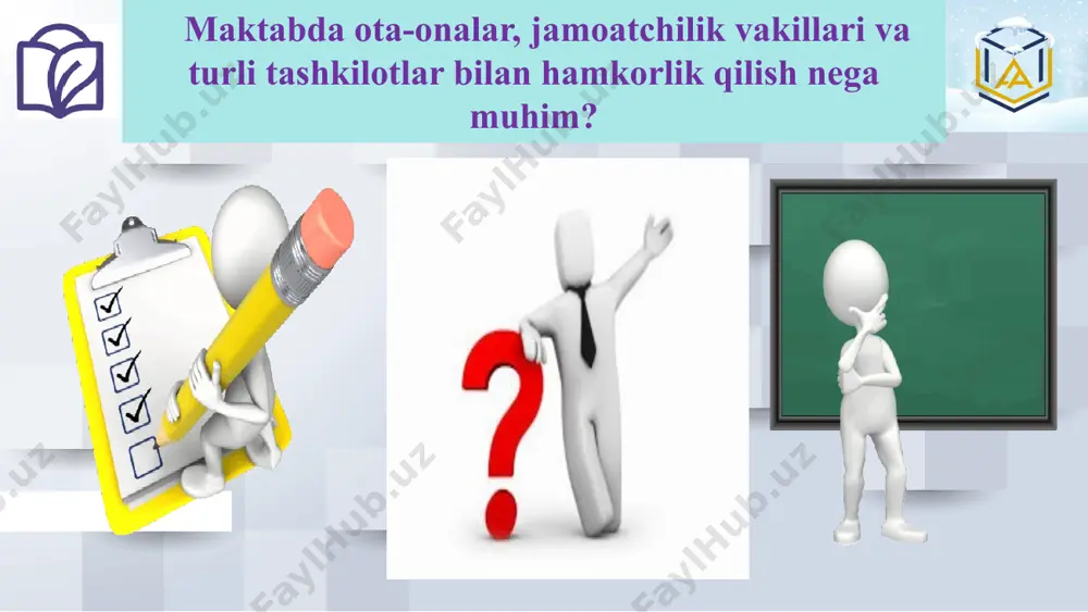 dlari bilan bog‘liq masalalarni bevosita muhokama qilish imkoniyatini yaratish. 16 16 tushunmovchiliklarni barataraf etish strategiya: agar ota-onalar maktab faoliyatiga yoki o‘quvchi natijalariga oid tushunmovchiliklarga duch kelsalar, bu holatni tezda hal qilish uchun yuzaga kelgan tushunmovchilikni to‘g‘ri tahlil qilib, aniq va aniq tushuntirishlar berish kerak. amalga oshirish: o‘quvchilarning yutuqlari va kamchiliklari haqida batafsil hisobotlar taqdim etish, shuningdek, ota-onalarni muntazam ravishda farzandlarining muvaffaqiyatlari haqida xabardor qilish. 17 17 ota-onalarga qo‘llab-quvvatlash tizimini yaratish strategiya: ota-onalarga o‘z farzandlarini ta’lim jarayonida qo‘llab-quvvatlash bo‘yicha zaruriy ko‘nikmalarni o‘rgatish va ularni maktabdagi o‘quvchilarning muvaffaqiyati uchun mas'uliyatga chaqirish. amalga oshirish: seminarlar va treninglar tashkil etish, ota-onalarga o‘qishdagi samaradorlikni oshirish uchun pedagogik tavsiyalar berish. 18 18 ota-onalar va maktab rahbariyati o‘rtasida jamoaviy faoliyatni kengaytirish strategiya: ota-onalar va maktab rahbariyati o‘rtasida jamoaviy ishni rivojlantirish va ularni umumiy maqsadlar sari birlashtirish zarur. o‘quvchilarning muvaffaqiyatiga qo‘shgan hissa orqali ota-onalar va maktabning birlashgan sa'y-harakatlari muhimdir. amalga oshirish: ota-onalar kengashlari, ishchi guruhlar va ijtimoiy tadbirlar …