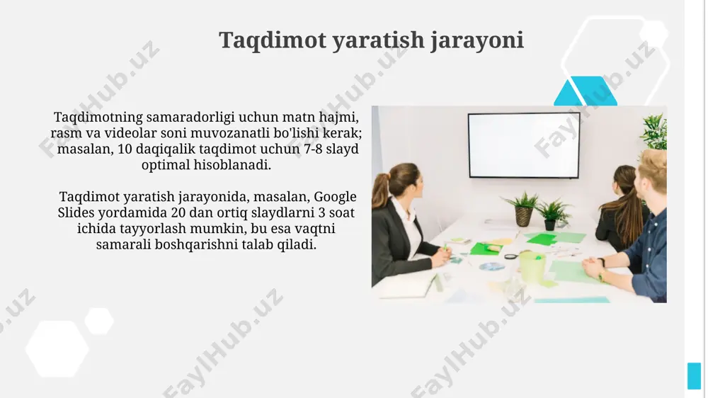 ismga bo'lib, har bir qismni 7 daqiqada tushuntirib, xorazm viloyatida bo'lib o'tayotgan konferentsiyada professional auditoriyaga taqdim etish samarali bo'ladi. multimedia tarkibini qo'shish powerpoint, 2007 yildan beri, turli xil multimedia fayllarini, shu jumladan, har xil formatdagi audio fayllarni, masalan, mp3 va wavni, va yuqori sifatli video fayllarni qo'shish imkoniyatini taklif qiladi, bu esa 500 dan ortiq slaydli taqdimotlar yaratishga imkon beradi. prezi kabi ba'zi prezentatsiya muharrirlarida 10 gb gacha bo'lgan video va audio fayllarni, shuningdek, 50 megapikseldan yuqori aniqlikdagi rasmlarni qo'shish mumkin, bu esa taqdimotga boy multimedia tarkibi kiritish imkonini beradi. taqdimot yaratishda keng tarqalgan xatolar taqdimotda 10 dan ortiq slayd bo‘lishi, tomoshabinlarning e’tiborini 5 daqiqadan keyin yo‘qotishga olib kelishi mumkin, ayniqsa toshkentdagi katta auditoriyalarda. matn juda mayda shrift bilan yozilishi, masalan, 8 punkt, uzoq masofadan ko‘rishni qiyinlashtirib, taqdimotning samaradorligini pasaytiradi. ommabop taqdimot muharrirlarining xususiyatlari ba'zi muharrirlar, xususan, prezi, 3d grafikalarni qo'llab-quvvatlaydi va murakkab animatsiyalarni, masalan, 20 ga yaqin harakatlanuvchi obyektlarni …