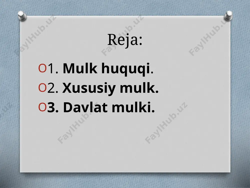 u yerda mulk egasi ayni bir vaqtda shu mulkni amalda ishlatuvchi ham hisoblanadi. davlat mulki – davlat ixtiyorida bo‘lgan mulk, davlat hokimiyati organlari tomonidan tasarruf etiladigan monopollashgan mulkdir. bunday mulk ob’ekti – yer, tabiat resurslari, asosiy vositalar, binolar, moliya, moddiy resurslar, axborot, moddiy va ma’naviy boyliklar bo‘lishi mumkin. bu mulk ijtimoiy ne’matlarni yaratishga xizmat qiladi. davlat bor yerda uning mulki mavjud, lekin ushbu mulkning milliy iqtisodiyotdagi ulushi turli mamlakatlarda farqlanadi va mamlakat iqtisodiyotining modeliga bog‘liq. fuqarolik jamiyati doirasida davlat mulki tobora ijtimoiy yo‘nalish olmoqda, ya’ni umummilliy manfaatlarni himoya qilishga yo‘naltirilgan. mulkga egalik va uni tasarruf etish muayyan iqtisodiy munosabatlarni paydo etadi va u mulkchilik munosabatlari deb ataladi. mulk paydo bo‘lishi uchun mulkka aylanadigan narsalar naf keltira olishi zarur. mulkchilik munosabatlari mulkni kishilarning o‘ziniki yoki o‘zganiki ekanligini bildiradi. bunday munosabatlarning 3 jihati bor: 1.mulkka egalik qilish, ya’ni mulkdorlik huquqining mulk egasida saqlanib turishi. 2.mulkdanfoydalanishvauniamaldaishlatish. mulkdanfoydalanilgandashaxsiyehtiyojlarniqondirishyokidaromadtopish yuz beradi. mulkdoro‘zmulkiniishlatgandaegalikqilishvamulkdanfoydalanishbirqo‘ldato‘planadi, mulkkeltirgannafniuningegasitanhoo‘zlashtiradi. mulko‘zgalarqo‘lidaishlatilgandabundanolingandaromadnimulkdormulkniamaldaishlatuvchibilanbahamko‘radi. 3.mulkni …