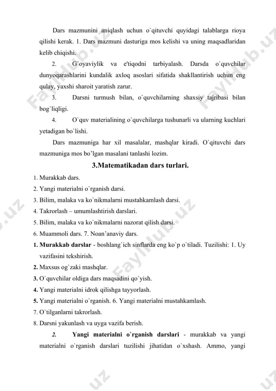 olinadi va umumlashtiriladi. takrorlash turlari: 1) o`quv yili boshida va kundalik takrorlash; 2) mavzu bo`yicha takrorlash; 3) umumlashtiruvchi takrorlash. 5. bilim, malaka va ko`nikmalarni tеkshirish va hisobga olish darslari tuzilishi: 1. dars maqsadini aytish. 2. nazorat ishining mazmuni bilan tanishtirish. 3. ishni bajarishga oid qisqacha yo`l - yo`riq bеrish. 4. o`quvchilarning ishlarni mustaqil bajarishlari. 5. ishni yig`ib olish. 6. muammoli dars – muammoli dars. muammoli vaziyatni hosil qilib dars o`tishni nazarda tutadi. tuzilishi: 1. muammoli vaziyat hosil qilish. 2. qo`yilgan muammoni hal qilish. 3. yangi bilimlarni tadbiq qilishga doir maxsus mashqlar bajarish. 4. bajarilgan ishlarga yakun yasash. ammo, bu rеja o`zgarishi mumkin. muammoning xaraktеriga qarab, to`la yoki qisman bajarilishi yoki uning ayrim punktlari birlashtirilishi mumkin. misol «42:3 ko`rinishdagi jadvaldan tashqari bo`lish» ni o`rganish. 1. muammoli vaziyat hosil qilish. siz, 46 ni 2 ga bo`la olasizmi? buning uchun 46=40+6 almashtiramiz. boshlang’ich sinfda matikа o’qitishning darsdan tashqari shakllari 1. мustаqil ish dаrslаri. …