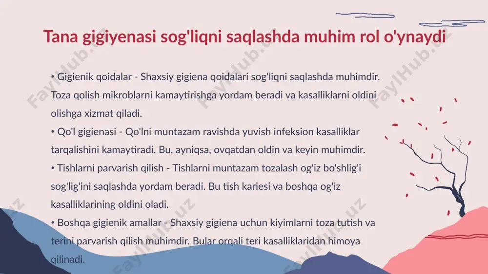 koniyatini oshiradi gigiena qoidalariga amal qilish salomatlikni yaxshilaydi • sog'lom ovqatlanish ahamiyati - sog'lom ovqatlanish organizmning energiya darajasini saqlashga yordam beradi sifatli ovqatlar tananing sog'lig'ini yaxshilaydi. • uyqu va sog'liq - yaxshi uyqu insonning jismoniy va ruhiy salomatligini muhim darajada ta'minlaydi uydan ko'proq ovqatlanish yaxshi uyquga olib keladi. • ovqat va uyqu o'rtasidagi bog'lanish - to'g'ri ovqatlar iste'mol qilinsa uyqu sifati oshadi noto'g'ri ovqatlanish esa uyquni buzishi mumkin. • sog'lom turmush tarzi - sog'lom ovqatlanish va muntazam uyqu sog'lom turmush tarzining asosiy omillaridir ular bir-birini to'ldirib, hayot sifatini oshiradi. sog'lom ovqatlanish va uyqu bir-birini to'ldiradi • uyquning ahamiyati - yaxshi uyqu inson organizmiga kuch berib, stressni kamaytiradi hamda ruhiy holatini yaxshilaydi • xotira va uyqu - uyqu xotira faoliyatini mustahkamlashda muhim rol o'ynaydi, chunki bu jarayon davomida ma'lumotlar hayotga tatbiq etiladi yaxshi uyqu xotirani yaxshilaydi va diqqatni oshiradi • gigiena prinsiplari - gigiena sog'liqni saqlashning asosiy qismi hisoblanadi. shaxsiy gigiena …