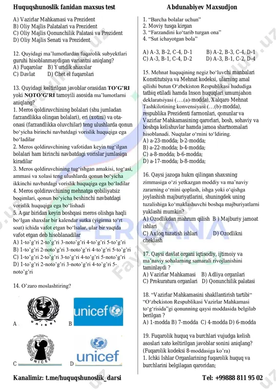 urtimizda o‘zbekiston respublikasi sudyalar oliy kengashi tashkil qilingan bo’lib, uning aosiy vazifasini to’g’ri ko’rsating? a) sud hokimiyatining mustaqilligi konstitutsiyaviy prinsipiga rioya etilishini ta’minlashga ko‘maklashish b) mahalliy ijro organlari va o‘z o‘zini boshqarish idoralarining huquqiy tizimini shakllantirish c) barcha fuqarolarning huquq va majburiyatlarini himoya qilish, davlat organlari o‘rganlari o‘rtasidagi munosabatlarni barqarorligini ta’minlash d) qonun chiqaruvchi va ijro etuvchi organlarning chiqargan qarorlarining konstitutsiyaga qanchalik mosligini tekshirish 8. qaysi davlat organi faoliyatining asosiy prinsiplari mustaqillik, qonuniylik, kollegiallik, oshkoralik va adolatlilikdan iborat? a) advakatura b) konstitutsiyaviy sud c) oliy sud d) markaziy saylov komissiyasi 9. qaysi davlat organi o‘z faoliyatida o‘zbekiston respublikasi konstitutsiyasi va qonunlarining ustunligi, inson hamda fuqaroning huquqlari va erkinliklarini ta’minlash, kollegiallik, hokimiyat tarmoqlarining bo‘linishi va hamkorligi, shuningdek ochiqlik va shaffoflik prinsiplariga tayanadi ? a) vazirlar mahkamasi b) konstitutsiyaviy sud c) oliy sud d) prokuratura 10. “oʻzbekiston respublikasining fuqarolari davlat xizmatiga kirishda teng huquqqa egadirlar.” ushbu modda konstitutsiyaning qaysi moddasida keltirilgan? a) …