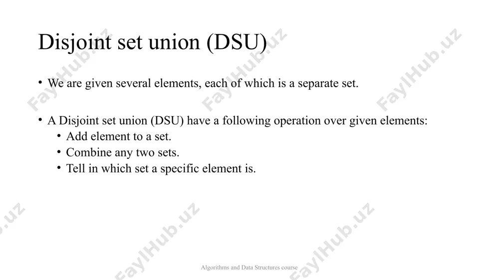 example algorithms and data structures course then we combine the set containing the element 5 and the set containing the element 4. 1 2 3 4 5 6 disjoint set union (dsu) example algorithms and data structures course and in the last step we can the sets containing the elements 1 and 3 are merged. 1 2 3 4 5 6 disjoint set union (dsu) example algorithms and data structures course for the implementation this means that we will have to maintain an array parent that stores a reference to its immediate ancestor in the tree. 1 2 3 4 5 6 disjoint set union (dsu) naive implementation algorithms and data structures course we can already describe the first implementation of the disjoint set union data structure. it will be pretty inefficient at first, but later we can improve it using two optimizations, so that it will take nearly constant …