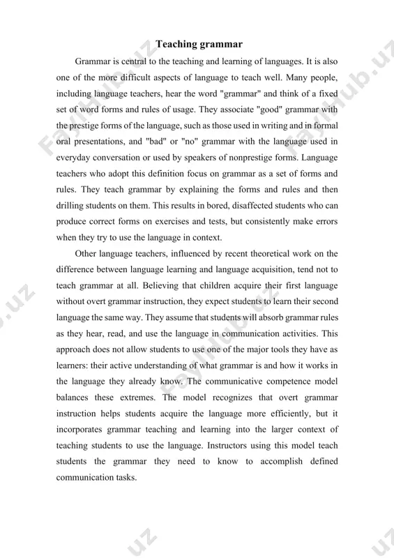 accomplish defined communication tasks. selection of the grammar material micro-form, micro-meaning and micro-usage are recognized as the unit of grammar selection. the grammar phenomena for the oral speech of the learners are selected from the real live speech of foreign native speakers and fictions. the resource of selection active grammar is the spoken literary language. passive grammar minimum is selected from the written texts for students’ receptive speech development. active and passive minima do not differ very much as in vocabulary (active minimum is in the passive input), active minimum is selected for all stages of the secondary schools and passive grammar minimum is selected only for lyceums and colleges – for advanced students. the formation of grammar minima directly deals with the speech themes and vocabulary minima which impact on the grammar selection. the methodological criteria in preparation of educational grammar are classified as follow. criteria of selecting activegrammar …