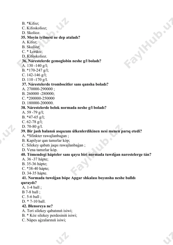 dı? a. aralas awqatlanıw ; b. tábiy awqatlanıw ; c. * jasalma awqatlanıw ; d. qosımsha awqatlanıw. 66. na’reste terisinin’ kógeriwi hám júrek urıwınıń páseytiwi asfiksiyaning qaysı túrinde ushraydı? a. *kók asfiksiyanin’ jeńil túrinde; b. kók asfiksiyanin’ awir túrinde; c. aq asfiksiyada; d. júrek tuwma nuqsanında. 67. aq asfiksiyada apgar shkalası neshe ball boladı? a. 8-10 ; b. 6 -8; c. 4-6 ; d. *1-4. 68. aq asfiksiyaga qaysı belgi ta’n emes? a. nareste dem almay jatadi; b. dene terisi appaq; c. *terisi ko'gergen ; d. muskuller tonusi tomenlegen. 69. teriniń irińli keselligin qaysı mikroblar keltirip shıǵaradı? a. tuberkulyoz tayaqshası ; b. ishek tayaqshası ; c. miningokokklar. pnevmakokklar; d. *stafilakokk. streptokokklar. 70. tınıq seroz yamasa ılaylı suyıqlıq menen tolǵan gir sheńberi isikip, qizarib turıwshı pustulalar qaysı kesellikke tan? a. vezikulopustulyoz ; b. *naresteler shille jarası ; c. osteopolikullit; d. terine ıssılıq tasiwi. 71. qannıń mikroblar menen zıyanlanıw keselligin atı ne? …