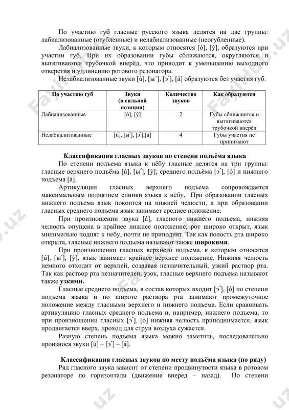 и звучности различают гласные полного и неполного образования. при образовании гласных полного образования голосовые связки напрягаются максимально, звук произносится с максимальной силой и длительностью. при образовании гласных неполного образования (редуцированных) голосовые связки напрягаются в меньшей степени. классификация гласных звуков по участию губ по участию губ гласные русского языка делятся на две группы: лабиализованные (огубленные) и нелабиализованные (неогубленные). лабиализованные звуки, к которым относятся [ó], [ý], образуются при участии губ. при их образовании губы сближаются, округляются и вытягиваются трубочкой вперёд, что приводит к уменьшению выходного отверстия и удлинению ротового резонатора. нелабиализованные звуки [ú], [ы΄], [э՛], [á] образуются без участия губ. по участию губ звуки (в сильной позиции) количество звуков как образуются лабиализованные [ó], [ý] 2 губы сближаются и вытягиваются трубочкой вперёд нелабиализованные [ú], [ы՛], [э՛],[á] 4 губы участия не принимают классификация гласных звуков по степени подъёма языка по степени подъема языка к нёбу гласные делятся на три группы: гласные верхнего подъёма [ú], …