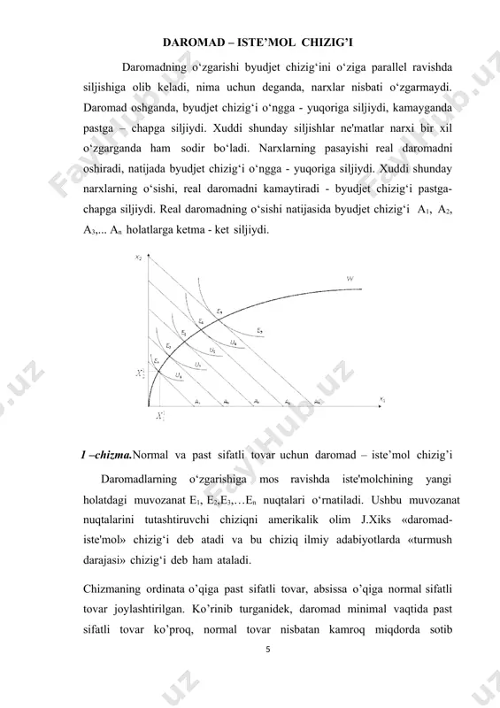 arsasi bo’lmasa, xolodilnik sotib olmaydi. iste’molchilarning daromadi oziq – ovqat mahsulotlaridan ortib qolishni boshlasa, ular jamg’arma tashkil qilihni boshlashadi, chunki standard sifatli tovarlarning narxi unchalik ham arzon emas va jamg’armasiz ham oziq – ovqat mahsulotlarini, ham normal sifatli tovarlarni sotib olish ancha mushkul hisoblanadi. grafikdan ko’rinib turganidek, iste’molchi daromadi 4 ga yetgandan so’ng, standard sifatli tovarlarga bo’lgan talab deyarli o’zgarishsiz qolib, bir xillikni namoyon qilyapti. bu shuni anglatadiki, iste’molchi normal sifatli tovarlarga bo’lgan ehtiyojini qondirib bo’lmoqda va endi unda oliy sifatli tovarlar – zeb-ziynat buyumlari, avtomashina, qo’shimcha uchastka kabi ko’p mablag’ talab etuvchi tovarlarga talab paydo bo’la boshlaydi. iste’molchi daromadi 5 ga yetgach, u oliy sifatli tovarlarni sotib ola boshlaydi, uning oliy sifatli tovarlarga bo’lgan talabi o’suvchi bo’ladi, daromad 7 ga yetgach esa, talab miqdori birmuncha barqarorlashadi, chunki bu davrga kelib, oliy sifatli tovarlarga bo’lgan ehtiyoj ancha to’yingan bo’ladi va talab miqdorining ortishi emas bir miqdorda bo’lishi ham iste’molchini qanoatlantiradi. …