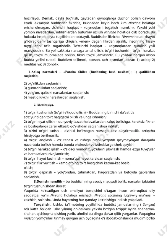 uning jasadi, hind udumiga ko‘ra, kuydirilib, xoki 8 ta buddist jamoalariga bo‘lib yuborildi va har bir jamoa uni dafn etgan joyida ibodatxona ( stupa) barpo etdi. buddaning hayoti haqida turli asotirlar paydo bo‘ldi. ularda aytilishicha, budda ko‘p yillar davvomida er yuzidagi turli mavvjudotlar qiyofasida qayta tug‘ilgan: 84 marta ruhoniy, 58 marta shoh, 24 marta rohib, 13 marta savvdogar, 18 marta maymun, 12 marta tovuq, 8 marta g‘oz, 6 marta fil, shuningdek, baliq, qurbaqa, kalamush, quyon qiyofalarida qayta tug‘ilgan. jami 550 marta qayta tug‘ilgan. u doimo qaerda, qay qiyofada tug‘ilishini o‘ziga o‘zi belgilagan. so‘nggi marta uni xudolar insoniyatni to‘g‘ri yo‘lga boshlashi uchun inson qiyofasida yaratganlar. bu afsonalarning ba'zilariga ko‘ra, er yuzida gautamaga qadar 6 ta budda o‘tgan. shuning uchun buddizmning ba'zi muqaddas joylarida 7 ta ibodatxona barpo etilgan. 7 ta bodxa daraxti o‘tkazilgan. ba'zi afsonalar 24 ta budda avvlodi o‘tgan desa, ba'zilari minglab buddalar o‘tgan deb da'vo qiladi. ta'limoti. buddizm qadimiy …