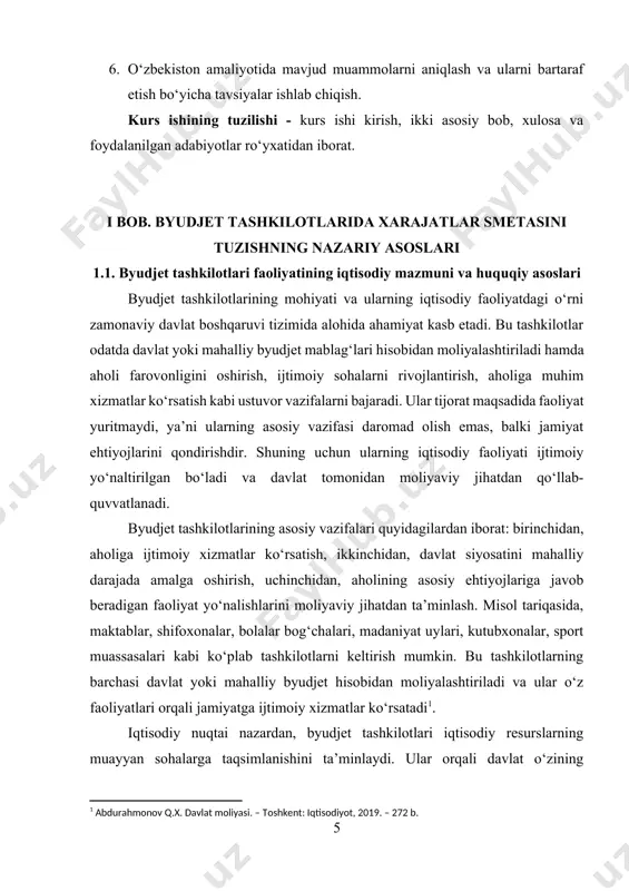 ar odatda ish haqi, kommunal to‘lovlar, jihozlar xaridi, ta’mirlash ishlari va boshqa zarur xarajatlardan iborat bo‘ladi. masalan, bir umumiy o‘rta ta’lim maktabining xarajatlar smetasi o‘qituvchilarning maoshi, darsliklar xaridi, sinfxonalarni jihozlash va ta’mirlash ishlari uchun ajratiladigan mablag‘lardan tashkil topadi[footnoteref:2]. [2: akhmedov b.a. byudjet tizimi: nazariyasi va amaliyoti. – toshkent: iqtisodiyot va moliya, 2020. – 340 b.] byudjet tashkilotlari o‘z faoliyatida iqtisodiy samaradorlik prinsipiga amal qilishlari zarur. bu shuni anglatadiki, ajratilgan mablag‘lar maksimal darajada maqsadli, samarali va tejab-tergab ishlatilishi kerak. davlat organlari bu jarayonni moliyaviy nazorat, audit va monitoring orqali doimiy nazorat qiladi. aks holda, davlat byudjeti mablag‘larining isrofgarchilik bilan sarflanishi yoki noto‘g‘ri yo‘naltirilishi ijtimoiy xizmatlar sifati va miqdoriga salbiy ta’sir ko‘rsatadi. byudjet tashkilotlarining iqtisodiy faoliyati ijtimoiy infratuzilmaning barqaror rivojlanishida ham muhim o‘rin tutadi. ular aholining turmush darajasini bevosita belgilovchi sohalarda faoliyat yuritgani sababli, ularning samarali faoliyati davlatning ijtimoiy siyosatiga mos bo‘lishi kerak. masalan, sog‘liqni saqlash sohasidagi byudjet tashkilotlarining to‘g‘ri moliyalashtirilishi orqali …