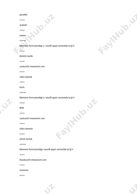 lektryuritmalarida qo‘llanaladigan tm elementi vazifasi qaysi variantda to‘g‘ri keltirilgan ==== #elektrmagnit tormoz o‘chirgich ==== yukni tepaga ko‘tarishni cheklovchi tugma ==== yukni oldinga siljitish magnit strelka ==== yukni orqaga siljitish magnit bo’lak +++++ telferlar elektryuritmalarida qo‘llanaladigan ks elementi vazifasi qaysi variantda to‘g‘ri keltirilgan ==== #yukni pastga tushiruvchi magnit ishlatgichi ==== yukni tepaga ko‘tarish magnit ushlatgech ==== yukni oldinga siljitish magnit po’lat ==== yukni orqaga siljitish magnit g’altak +++++ telferlar elektryuritmalarida qo‘llanaladigan kp elementi vazifasi qaysi variantda to‘g‘ri keltirilgan ==== #yukni tepaga ko‘tarish magnit ishlatgichi ==== yukni pastga tushiruvchi magnit kovush ==== yukni oldinga siljitish magnit blok ==== yukni orqaga siljitish magnit g’altak +++++ telferlar elektryuritmalarida qo‘llanaladigan kn elementi vazifasi qaysi variantda to‘g‘ri keltirilgan ==== #yukni orqaga siljitish magnit ishlatgichi ==== yukni pastga tushiruvchi magnit g’altak ==== yukni oldinga siljitish magnit blok ==== yukni tepaga ko‘tarish magnit kovush +++++ telferlar elektryuritmalarida qo‘llanaladigan kvp elementi vazifasi qaysi variantda to‘g‘ri keltirilgan ==== #yukni tepaga …