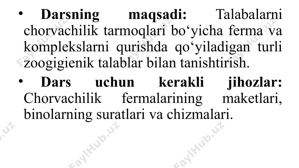 omborxona, siloj, senaj chuqurliklari joylashtiriladi. a va b zona oraligi devor bilan ajratilgan bo‘lishi shart. a zonadan b zonaga, b zonadan a zonaga o‘tish faqat veterinariya kuzatuvi xodimlarining ruxsati bilan amalga oshiriladi. barcha turdagi chorvachilik fermalari va komplekslari darvozasiga uzunligi 9 metr, eni darvoza kengligicha, chuqurligi 20-25 sm bo‘lgan dezobarerlar quriladi va unga dizenfeksiyalovchi 2% li o‘yuvchi natriy eritmasi solinadi. qish paytida eritma muzlab qolmasligi uchun unga 10-12% li osh tuzi eritmasi quyiladi. veterinariya kuzatuvi punkiti eshigi oldidan dezokovriklar qurilib u yog‘och qirindisi bilan to‘lg‘aziladi va unga ham 2% o‘uyuvchi natriy eritmasi qo‘yiladi. eritmani shunday miqdorda solish kerakki, fermaga kiradigan odamning payavzali tovon qismi to‘liq botib yuza charmiga eritma chiqadigan darajada bo‘lishi lozim. bundan tashqari fermaning atrofi baland devor bilan o‘ralishi va ko‘kalamzorlashtirilgan bo‘lishi kerak. fundament (poydevor) binoning og‘irligini o‘zida ushlab turadigan inshoat, bundan tashqari devorlarning cho’kishini oldini oladi hamda nam o‘tkazmaydi. binoning zilzilabardoshligini oshiradi. binoning fundamentini chidamliligini oshirish uchun …