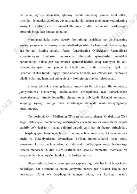 kat va xalq manfaati bilan uyg’un holda ko’rib faoliyat yuritsin. diqqat qilinsa, bunda baland parvoz gaplar yo’q, balki har kuni bizga kerak bo’ladigan, har birimizni va butun jamiyatni bezaydigan xislatlar haqida gap bormoqda. ya‘ni o’z haq-huquini tanigan odam, o’z kuchiga tayanib imkoniyatlarini ishga sola oladi, o’zi ham foyda ko’radi, jamiyatga va davlatga ham foyda yetkaza oladi. ikkinchidan, aynan ana shu haq-huquqini tanigan odam o’z yurtida bo’layotgan va uning atrofida kechayotgan voqealarni tahlil qilishni o’rganadi, oq-qarani ajratib, yaxshi nima, yomon nima-farqiga boradi. eng muhimi, mamlakat va millat manfaatini himoya qila oladi. prezidentimiz o’zining o’zbekiston milliy axborot agentligi muxbiri savolliga bergan javoblarida (“hushyorlikka da‘vat”) buni aniq qilib tushuntirib beradi. “agar bir o’z kuchi, salohiyatiga ishonadigan, boqimandalikni or deb biladigan, eng rivojlangan mamlakatlarning ilg’or kishilari bilan tengma-teng muomala qila oladigan, oqni qoradan, yaxshini yomondan ajrata oladigan, bu murakkab, beshafqat hayotning pastu-baland, tangu-tor ko’chalarida olloh bergan aql-zakovati bilan to’g’ri yo’lni topa olishga qodir bo’lgan …