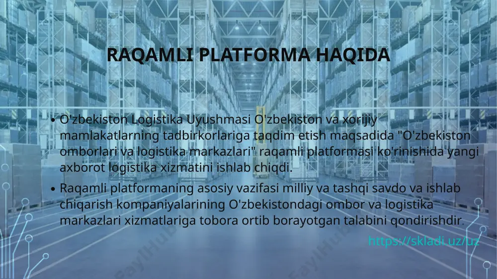 rkazlaringiz to’g’risida ma’lumotlarni joylashingiz o’zbekiston logistic infratuzilmasiga yordam berishingiz va xizmat va servislaringiz foydalanuvchilar sonini sezilarli darajada oshirilingiz mumkin. https://skladi.uz/uz skladi.uz sayti xizmatlar va servislarni taqdim etish uchun qulay raqamli platformalardan biri platformadan faqat chet ellik tadbirkorlargina emas balki o’zbekistondagi tadbirkorlar ham birdek foydalana olishligi uchun va bu yerda davlat tili o’zbek tili ekanini inobatga olgan holda platforma saytiga yo’naltiruvchi omborlar.uz yoki shunga o’xshash ya’ni internet tarmog’ida toppish uchun oson bo’ladigan boshqa biror nom orqali boshqa sayt yaratilishi maqsadga muvofiqdir ma’lumot izlochilar uchun ro’yxatdan o’tish muammo tug’dirish yoki yurtimizdagi barcha internet foydalanuvchilar internetdan to’la qonli foydalanish savodxonliga ega emasligini hisobga oligan holda ro’yxatdan o’tish majburiyatini olib tashlash zarur. har bir tildagi ma’lumotlarni tarjimalari va sanalari bo’yicha qayta ishlash zarur. platforma yoki uning sayti reytingini oshirish maqsadadida har xil sotsial tarmoqlarda ham uning reklamalarni olib boorish zarur. raqamli platforma saytining istiqboli va rivojlanishi uchun takliflar talab va takliflar uchun :logistika@adbl.uz raqamli …