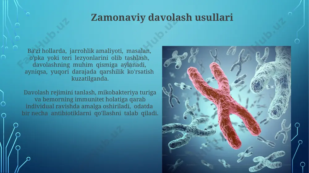 rtig'i, mycobacterium avium complex (mac) infektsiyalarida, ko'pincha bir nechta dori-darmonlarga bir vaqtning o'zida chidamlilikni namoyon qiladi. dori-darmonlarga chidamlilikning rivojlanishi, gen mutatsiyalari, jumladan, katalaza-peroksidaza (katg) va rpob genlaridagi mutatsiyalar bilan bog'liq bo'lib, davolash strategiyasini o'zgartirishni talab qiladi. atipik mikobakteriozlarning oldini olish atipik mikobakteriozlarning oldini olishda, immun tizimi zaiflashgan 60 yoshdan oshgan bemorlarning 20% da profilaktik davo qo'llanilishi tavsiya etiladi. atipik mikobakteriozlarning oldini olishda, xususan, immunosupressiv dori vositalarini qabul qilayotgan 1000 ta bemordan 50 tasida profilaktik tadbirlarni qo'llash zarurligini hisobga olish kerak. epidemiologiya va tarqalish geografiyasi mycobacterium avium complex (mac) ning tarqalishi global miqyosda kuzatilib, yuqori darajada ifloslangan suv manbalariga yaqin joylashgan hududlarda, ayniqsa, immunitet tanqisligi bo'lgan shaxslarda yuqori kasallanish xavfi mavjudligini ko'rsatadi. maviy yiringli tayoqchalar (mac) infektsiyalari, asosan, immuniteti zaiflashgan shaxslarda uchrab, aqshda yiliga 10 000 dan ortiq holatlar qayd etiladi, bu esa yuqumli kasalliklarning umumiy ko'rsatkichlarini tahlil qilishda muhim ahamiyat kasb etadi. kasallik qo'zg'atuvchi atipik mikobakteriyalar davolash rejimi atipik mikobakteriyalar …