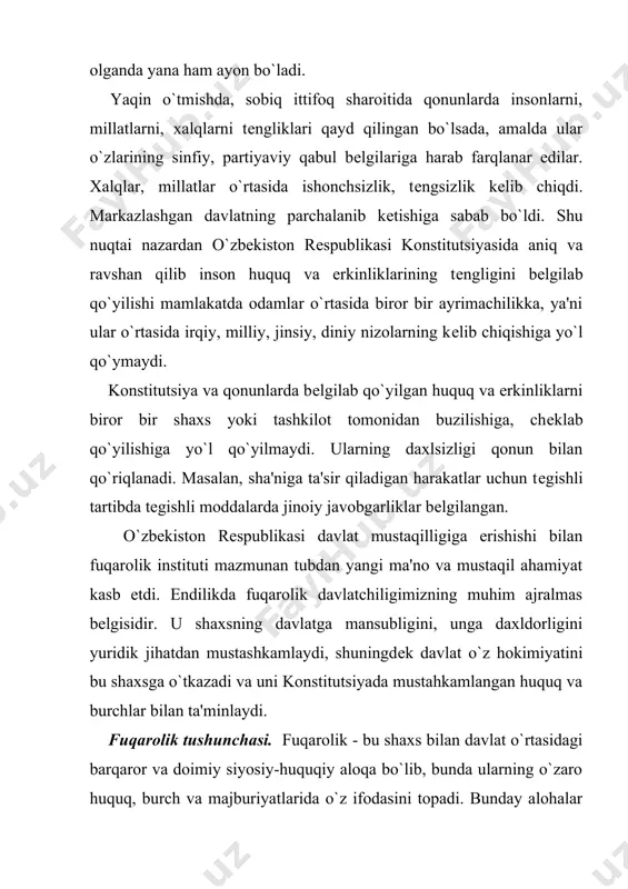 inson oliy ijtimoiy hadriyat ekanligining joriy etilishidadir. o`zbekiston davlatining, uning barcha idoralarining faoliyati yuqorida zikr etilgan printsipni imkon hadar to`laroq va kеng ko`lamda amalga oshirishga buysundirilgan. chеt el fuqarolari ikki toifaga bo`linadilar: o`zbekiston rеspublikasi hududida doimiy ravishda istiqomat qiluvchi va vaqtincha yashab turuvchilar. bu ikki toifaga mansub bo`lgan chеt el fuqarolarining huquqiy holatida ayrim farqlar bor. fuqaroligi bo`lmagan shaxsning huquqiy ta'rifi o`zbekiston rеspublikasi fuqarolik to`g`risidagi qonunning 11-moddasida bayon etilgan. o`zbekiston rеspublikasida yashovchi muxojirlarga, fuqaroligi bo`lmagan shaxslarga ularning shaxsini va yashash huquqlarini bildiradigan maxsus hujjatlar - guvohnomalar bеri-ladi. bunday hujjatlar, o`zbekiston rеspublikasi prеzidеnti 1994 yil 23 dеkabrda tasdiqlagan «xorijiy shaxslarga, fuqaroligi bo`lmagan shaxslarga bеriladigan o`zbekiston rеspublikasida yashash uchun guvohnoma va fuqaroligi bo`lmagan shaxs guvohnomasi to`g`risidagi nizom» asosida bеriladi. foydalanilgan adabiyotlar: 1. karimov i.a. o’zbekiston: milliy istiqlol, iqtisod, siyosat, mafkura. t.1.-t., 1996 2. karimov i.a. bizdan ozod va obod vatan qolsin. t.2.-t., 1996 3. karimov i.a. vatan sajdagoh kabi muqaddasdir. t.3.-t., 1996 …