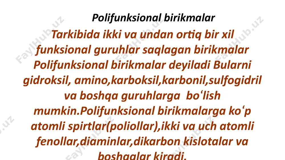 ashkil etadi. geterofunksional birikmalar asosida ishlab chiqarilgan dori vositalari kolamin tibbiyotda allergiyaga qarshi va uyqu keltiruvchi dorivor modda dimedrol molekulasi tarkibiga kiradi. atsetoxolin tibbiyotda asab toʻqimalarida,qon tomirlarni kengaytiruvchi vosita sifatida qoʻllaniladi. sukstinilxolinyodid- mushaklar tarangligini kamaytiradi. aromatik aminospirtlar p-aminofenolni etil spirti bilan hosil qilgan murakkab efiri fenetidin deyiladi.fenetidinning atsetallab ogʻriq qoldiruvchi,isitma tushiruvchi modda fenatsetin olinadi. paratsetamol tibbiyotda ogʻriq qoldiruvchi va isitma tushiruvchi modda sifatida keng qoʻllaniladi. bundan tashqari salitsil kislota efirlari organizmning haroratini pasaytirish,ogʻriqni qoldirish va shamollashga qarshi ishlatiladi. kraunefirlar kraun efirlar -makrosiklik birikmalar boʻlib, tarkibida takrorlanuvchi etilen oksid (-ch2-ch2-o-) qismlariga ega,ba'zan kislorod atomlarining bir qismi n yoki s atomlariga almashgan boʻladi. kraun efirlar tibbiyotda metall tanqisligi va metall ortiqchaligini davolashda ishlatiladi. sulfanilamidlar sulfanilamidlar - sulfanil kislotasining kimyoviy hosilalari, s.ning (streptotsid) antibakterial xossasini birinchi boʻlib 1935-yil nemis patologi va mikrobiologi g. domagk aniklab, amaliy tibbiyotga kiritdi. quyidagi guruxlarga boʻlinadi: qisqa muddat taʼsir etuvchi s. — streptotsid, norsulfazol, etazol, sulfademizin va boshqa; …