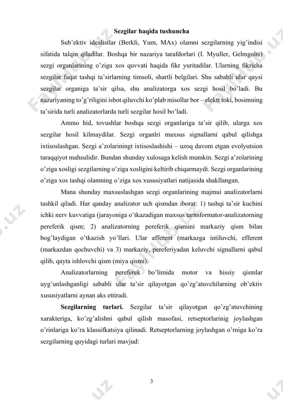 g ichki holatini aks ettiruvchi sezgilar- interotseptiv sezgilar; retseptorlari paylarda va mushaklarda joylashgan propriotseptiv sezgilar. ular gavdamizing holati va harakatlari haqida ma’lumotlar berib turadilar. ekstrotseptiv sezgilarning o’zlari ikki guruhga – kontrak (bevosita aloqa bog’lovchi) va distant sezgilarga ajratiladilar. kontrakt sezgilarga (kontakt retseptorlar orkali sezgi hosil bo’ladi) quyidagilar kiradi: ko’rish, eshitish, hid bilish, teri sezgisi, ta’m bilish sezgilari. sezgilarning bu klassifikatsiyasi modallik bo’yicha klassifikatsiya deyiladi va ular sezgilarning klassik klassifikatsyasi deb ham yuritiladi. chunki ular aristotel tomonidan ko’rsatib o’tilgan sezgilar. ular orasidan teri sezgisining o’zi bir qancha turlarga bo’linadi (to’qish, harorat, og’riq kabi). sezgilarning umumiy qonuniyatlari. boshqa tabiat va psixik hodisalar kabi sezgilar ham ma’lum umumiy xususiyatlar va qonuniyatlarga ega. shu jumladan ularning sifati, intenmivligi (kuchi), davomiyligi sezgilarning umumiy xususiyatlariga kiradi. sifat–mazkur sezgining asosiy xususiyati bo’lib, uni boshqa sezgilardan farqlaydi va shu sezgi doirasida o’zgarib turadi. masalan, eshitish sezgisida tovushning balandligi, mayinligi, zo’rligi; ko’rish sezgisining boyligi, ranglari va h.k. sezgilarning sifatlarining …