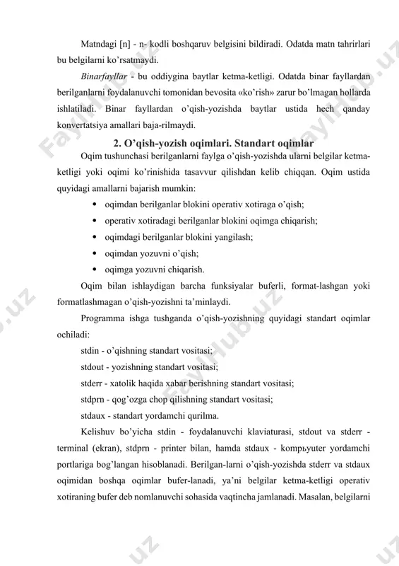 - qog’ozga chop qilishning standart vositasi; stdaux - standart yordamchi qurilma. kelishuv bo’yicha stdin - foydalanuvchi klaviaturasi, stdout va stderr - terminal (ekran), stdprn - printer bilan, hamda stdaux - kompьyuter yordamchi portlariga bog’langan hisoblanadi. berilgan-larni o’qish-yozishda stderr va stdaux oqimidan boshqa oqimlar bufer-lanadi, ya’ni belgilar ketma-ketligi operativ xotiraning bufer deb nomlanuvchi sohasida vaqtincha jamlanadi. masalan, belgilarni tashqi qurilmaga chiqarishda belgilar ketma-ketligi buferda jamlanadi va bufer to’lgandan keyingina tashqi qurilmaga chiqariladi. hozirdagi operatsion sistemalarda klaviatura va displeylar matn fayllari sifatida qaraladi. haqiqatdan ham berilganlarni klaviaturadan programmaga kiritish (o’qish) mumkin, ekranga esa chiqarish (yozish) mumkin. programma ishga tushganda standart o’qish va yozish oqimlari o’rniga matn fayllarni tayinlash orqali bu oqim-larni qayta aniqlash mumkin. bu holatni o’qishni (yozishni) qayta adreslashro’y berdi deyiladi. o’qish uchun qayta adreslashda ‘ ’ belgisidan foydalaniladi. misol uchun gauss.exe bajariluvchi programma berilganlarni o’qishni klaviaturadan emas, balki massiv.txt faylidan amalga oshirish zarur bo’lsa, u buyruq satrida quyidagi ko’rinishda yuklanishi …