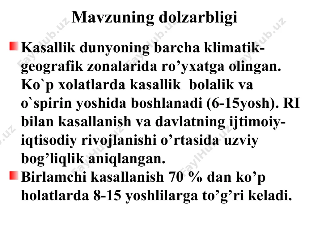 miokard va biriktiruvchi to’qimaga nisbatan autoantitanalar ishlab chiqarilishiga olib keladi. gumoral va hujayraviy immunitet buzilishi asl-o, asg, ask, disimmuniglobulinemiya, b-limfositlar miqdori oshishi va t- limfositlar miqdori kamayishi bilan ifodalanadi, bazofillar faoliyati buziladi, gistamin, serotonin, bradikinin kabi yallig’lanish mediatorlari ishlab chiqariladi. immun yallig’lanish jarayoni biriktiruvchi to’qimani zararlaydi. o’ri rivojlanishi quyidagi omillar bilan aniqlanadi: • miokardning a guruhdagi β-gemolitik streptokokkning «kardiotrop» fermentlari bilan to’g’ridan-to’g’ri toksik zararlanishi (o va s streptolizinlar, streptokinaza va gialuronidaza, dezoksiribonukleaza b va boshq.); • streptokokklarga qarshi antitanalar (antistreptolizin-o (asl-o), antistreptogialuronidaza (asg), antistreptokinaza (ask), antidezoksiribonukleaza b (anti-dnkaza b) yuqori titrlarda) ishlab chiqarilishiga olib keluvchi a guruhdagi β-gemolitik streptokokkning makroorganizm to’qimalari antigenlari bilan kesishib ta’sirlanuvchi antigenlariga qarshi immun javob («molekulyar mimikriya fenomeni») rivojlanadi. • m-protein molekulalarida makroorga-nizmning miozin, sinoviy, bosh miya kabi turli to’qimalari bilan o’zaro ta’sirlanuvchi antigen determinantlari (epitoplar) mavjud. bular miokard, bosh miya, sinovial qobiqlar komponentlari bilan o’xshashlikka ega. m-protein autoimmunitet effektini indusirlovchi superantigen xususiyatiga ega. orttirilgan autoimmun …