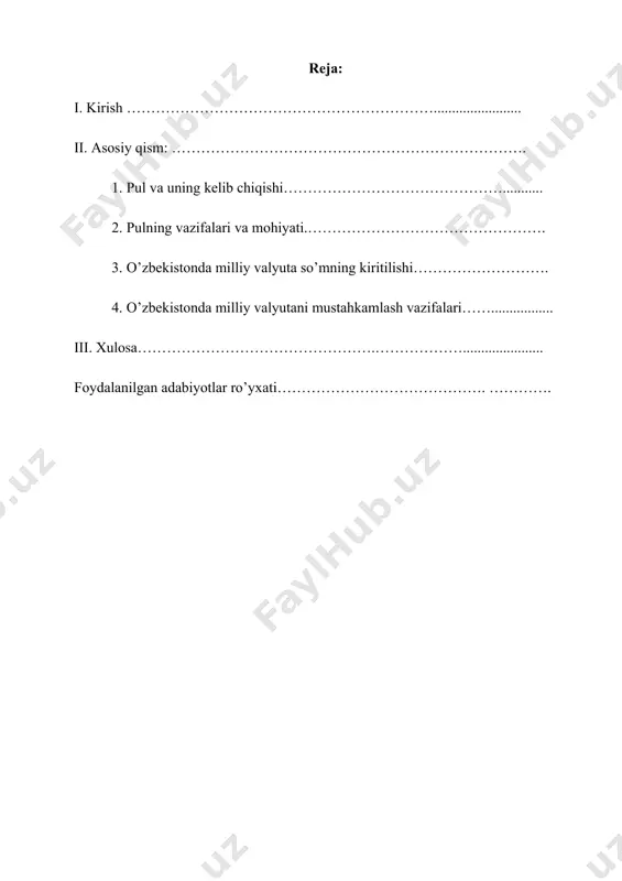 ing keyingi bosqichidagi vazifalarga mos ravishda valyuta siyosati ham takomillashtirib borilmoqda. xozirgi bosqichda ichki valyuta bozorini yanada erkinlashtirish hamda milliy valyutamizning joriy xalqaro operatsiyalar bo’yicha erkin konvertatsiyasini joriy etishga tayyorgarlik ishlari olib borilmoqda. shuni ham ta’kidlab o’tish lozimki, hozirgi kunda milliy valyuta tizimini rivojalantirish dolzarb ahamiyatga ega bo’lib kelmoqda. chunki milliy valyutaning rivojini ta’minlash, uning barqarorligini oshirish mamlakat iqtisodiyotida, shuningdek, uning rivoji va davlatlararo o’z o’rniga ega bo’lishida juda muhim hisoblanadi. shundan kelib chiqib yurtimizda ham milliy valyutani rivojlantirishda bir qator islohotlar amalga oshirildi. prezidentimiz islom karimov tashabbusi bilan milliy valutani mustahkamlash maqsadida ishlab chiqilgan qator dasturlar izchil amalga oshirildi. hususan, 1994-yilning 1-iyulida milliy valyutamiz so’mni muomilaga kiritilishi buning yaqqol dalili bo’la oladi. davlatimiz rahbari islom karimov ta’kidlaganidek, milliy valuta kuchli bo’lgan taqdirdagina iqtisodiyot izchil rivojlanadi. yurtimizda amalga oshirilayotgan islohotlar, oqilona pul-kredit siyosati samarasida iqtisodiyotimiz jadal rivojlanmoqda, milliy valyutamizning barqarorligi mustahkamlanmoqda. bu esa o’zbek so’mining mamlakatimiz iqtisodiy mustaqilligining ishonchli kafolatiga …