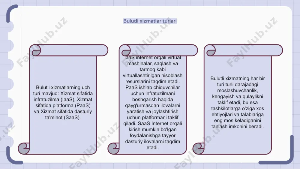 ring va boshqarish bulutli texnologiyalarning muhim jihati hisoblanadi. bu korxonalarga bulutli resurslarini kuzatib borish va optimal ishlashni ta'minlash imkonini beradi. bulutli monitoring va boshqaruv vositalari yordamida korxonalar bulutli infratuzilmasining sog‘lig‘i va ishlashini kuzatishi, yuzaga kelishi mumkin bo‘lgan muammolarni aniqlashi va ishlamay qolishi yoki ishlash bilan bog‘liq muammolarning oldini olish uchun faol choralar ko‘rishi mumkin. bundan tashqari, bulutli monitoring va boshqarish vositalari korxonalarga bulutli muhitni optimallashtirish, resurslarni samarali taqsimlash va tejamkorlik imkoniyatlarini aniqlashda yordam beradigan tushuncha va tahlillarni taqdim etadi. bulutli zaxiralash va falokatdan tiklash bulutli zahira nusxasi va falokatni tiklash bulutli texnologiyalarning muhim tarkibiy qismidir. bulutli zaxira ma'lumotlarning muntazam ravishda zaxiralanishini ta'minlaydi va ma'lumotlar yo'qolgan taqdirda qayta tiklanishi mumkin. falokatni tiklash falokatdan keyin tizimlar va ma'lumotlarni tiklash jarayonlari va protseduralarini o'z ichiga oladi. bulutli texnologiyalarning kelajagi bulutli texnologiyalar biznesning ish uslubini inqilob qilmoqda va tezda texnologiya kelajagiga aylanmoqda. bulut yordamida korxonalar oʻz maʼlumotlarini istalgan joydan saqlashi va ulardan foydalanishi, samaradorlik …