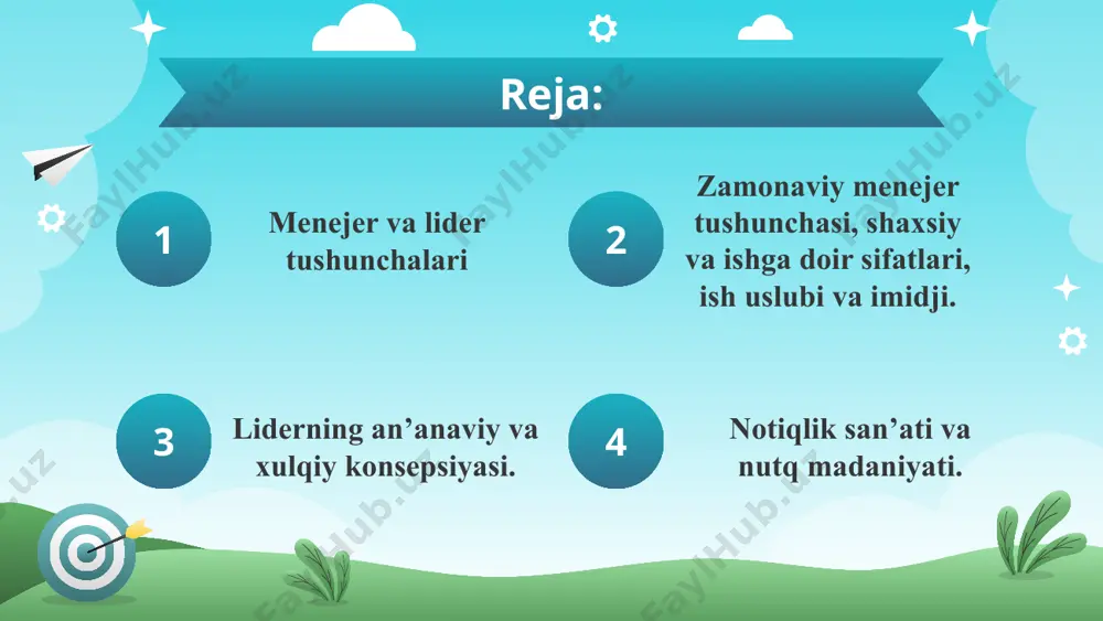 atta eʼtibor berishi lozim. rahbar nutqi maʼlum shart-sharoitni hisobga olib tayyorlanadi. matn tayyorlashda til bilan nutq bir-biri bilan bogʻlanib ketishiga katta ahamiyat berish lozim. “matn”, “til”, “nutq”, “uslub” tushunchalari bir-biri bilan mustahkam bogʻlansagina nutq tinglovchiga yetib boradi, taʼsirchanligi oshadi. menejerdagi muloqot turlari yozma muloqot og’zaki muloqot ishontiruvchi muloqot image1.png image2.png image3.png image4.png image9.png image7.png image8.png image10.png image11.png image12.png image13.jpeg image14.png image15.png image16.png image17.png image18.png image19.png image20.png image21.png image22.png