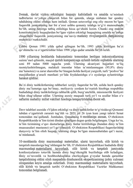 agi munosabatlarning yuksak madaniy saviya va teran ma’naviy zaminga asoslangani bilan ajralib turadi. bunday jamiyatning ijtimoiy-ma’naviy hayotida umuminsoniy qadriyatlarning ustuvorligi, ularning mo‘tabar va hatto, muqaddas sanalishi barqaror bo‘lmog‘i shart. muayyan insonning qadr-qimmati, odamlar orasidagi mehr-oqibat, samimiylik, axloqiy poklik, insofu adolat va insonparvarlik kabi eng ezgu umuminsoniy qadriyatlar fuqarolik jamiyati hayotining haqiqiy mezonlaridir. shuning uchun ham, o‘zbekistonda kechayotgan davlat va jamiyat qurilishi jarayonida tom ma’nodagi vijdon erkinligini ta’minlashga alohida urg‘u berilmoqda. davlatimizning vijdon erkinligiga munosabati – o‘zbekiston respublikasi konstitutsiyasining 35-moddasida mustahkamlab qo‘yilgan qoidada o‘zining aniq huquqiy-qonuniy ifodasini topgan. demak, «vijdon erkinligi» degan tushunchaning mazmun-mohiyati xohlagan dinga e’tiqod qilish huquqidan tashqari, hech qanday dinga e’tiqod qilmaslik ixtiyorini ham qamrab oladi. har bir fuqaro haqli bo‘lgan bunday huquqning buzilmasligi uchun mazkur modda “diniy qarashlarni majburan singdirishga yo‘l qo‘yilmaydi” degan muhim qoida bilan to‘ldirilgan. buning zamirida vijdon erkinligiga nisbatan har qanday tahdidni bartaraf etish istagi yotadi. o‘zbekiston respublikasi konstitutsiyasida aniq belgilab qo‘yilgan davlat va …