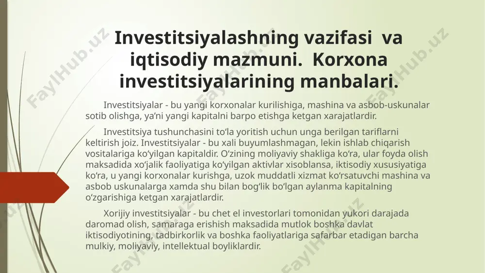 g asosiy yo‘nalishlari quyidagilar xisoblanadi: yangi kurilish; korxonani kengaytirish va qayta tiklash; ishlab chiqarishni zamonaviylashtirish va texnik jihatdan qayta qurollantirish; harakatdagi quvvatlarni takomillashtirish. investitsion loyihalarining samaradorligini baholashning uslubiy asoslari. samaradorlikni aniqlovchi ko‘rsatkichlar. investitsiya loyixasi kapitalni korxonani uning ishlab chiqarish kuvvati va boshka sifat kursatkichlarini kuchaytirish maksadida rivojlantirish va kengaytirishga kiritishni rejalashtirish va amalga oshirish buyicha chora-tadbirlar majmuasidir. investitsiya loyixasini tayyorlash va amalga oshirish kuyidagilarni uz ichiga oladi: investitsiyaviy g‘oya (fikr)ni shakllantirish; g‘oyaning dastlabki asoslanishi; loyihada ko`zda tutilgan texnik qarorning tahlili; sertifikat talablarining bajarilishini tekshirish; investitsiya loyihasi bo`yicha davlat boshqaruv idoralari bilan kelishuv yuzaga keltirish; axborot memorandumini tayyorlash. iqtisodiy samaradorlik. investitsiyalarning qoplanish muddati. samaradorlik – muhim o‘lchov birlikdir. ishlab chiqarish samaradorligi har bir korxona faoliyatining eng asosiy vazifasi hisoblanadi. u xo‘jalik yuritishning sifat va miqdor ko‘rsatkichlarini, shuningdek, buyumlashgan va jonli mehnat harajatlari hamda olingan natijalar o‘rtasidagi munosabatni ifodalaydi. samarali ishlash degani, mo‘ljallangan foydani olish, ishlab chiqarish quvvatlari va ish kuchidan yaxshiroq …