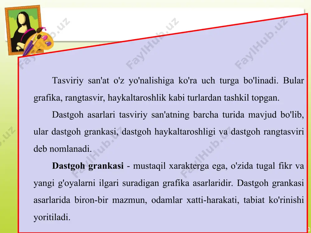 arishlar o'zining yorqin ifodasini topadi. dastgohli rangtasvir mahobatli va dekorativ rangtasvirdan farq qilib, mustaqil ahamiyatga egadir. u boshqa san'at bilan bog'lanmaydi. muzey ko'rgazmalaridagi suratlaming asosiy qismi dastgohli rangtasvir turiga mansubdir. dastgoh rangtasviri birmuncha kechroq shakllangan bo'lib, uning rivojlanish davri uyg'onish davriga to'g'ri keladi. o'zbekistonda rangtasvirning dastgohli turi xdc asrning ikkinchi yarmidan boshlab shakllandi. bu davrda rangtasvir asarlarining birinchi mualliflari xix asr o'rtalaridan o'rta osiyoga kela boshlagan xorijlik rassomlar edilar. ular 40 dan ortiq bo'lib, ayrimlari o'zbekistonda butunlay qoldilar, shu yerda murabbiylik qilib, yevropacha san'at asoslarini mahalliy yoshlarga o'rgatdilar. bular orasida rus rassomlaridan v. v. vereshchagin, n. n. karazin, d. kavkazskiy, r, zommer, o. fedchenko, haykaltarosh o. mikeshin, ukrainalik rassom s. s. svetos-lavskiy, gruziyalik rassom g. gabashvili va boshqalar bor edi. shu o'rinda o'zbekiston dastgohli rangtasvirining taraqqiy etishiga katta hissa qo'shgan rassomlar nomlarini keltirib o'tish o'rinlidir. 74-rasm. yosh rassom dastgoh rangtasviri turida natyurtmort chizmoqda. bulardan usta mo'min (a. nikolaev), a. siddiqiy, …