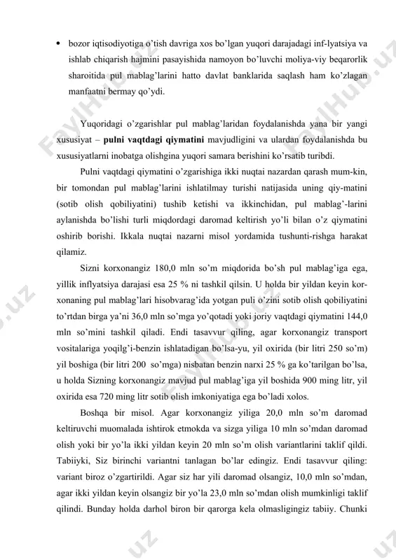os. boshqa bir misol. agar korxonangiz yiliga 20,0 mln so’m daromad keltiruvchi muomalada ishtirok etmokda va sizga yiliga 10 mln so’mdan daromad olish yoki bir yo’la ikki yildan keyin 20 mln so’m olish variantlarini taklif qildi. тabiiyki, siz birinchi variantni tanlagan bo’lar edingiz. endi tasavvur qiling: variant biroz o’zgartirildi. agar siz har yili daromad olsangiz, 10,0 mln so’mdan, agar ikki yildan keyin olsangiz bir yo’la 23,0 mln so’mdan olish mumkinligi taklif qilindi. bunday holda darhol biron bir qarorga kela olmasligingiz tabiiy. chunki siz, albatta, boshqa daromad keltiruvchi muqobil variantlarni ko’rib chiqishingizga to’g’ri keladi. ko’rinib turibdiki, pul mablag’larini boshqarish va ulardan samarali foydalanish juda muhim ahamiyatga ega bo’lib, bunda albatta uni vaqtdagi qiy-matini qanday o’zgarib borishi va bu holatni hisobga olish uchun nimalarni e’tiborga olish kerakligini yaxshi bilish lozim. «pul-vaqt» muammosi yangilik emasligi va hozirgi nuqtai nazardan uni kelgusida keltiradigan daromadlarini aniqlashning model va algoritmlari ishlab chiqilganligi hammamizga ma’lum. lekin uni …