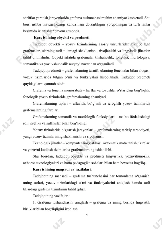 ‘lib, yozma nutqdagi fonemalarni aks ettirishga yordam beradi. grafema bir necha shaklda mavjud bo‘lishi mumkin, masalan, bir harf (lotin yoki kirill alifbosidagi harflar), kombinatsiyalar (masalan, ingliz tilida "sh" yoki "ch") yoki boshqa belgilar. grafema — bu tilning yozma shakli bo‘lib, tilning fonetik tarkibiga nisbatan kodlash va aks ettirishda ishlatiladi. yozuv tizimlarida har bir fonema (tovush) grafema (belgi) bilan ifodalanadi, biroq ayrim tillarda fonema va grafema o‘rtasidagi munosabat bevosita emas. misol uchun, ingliz tilida "c" harfi ko‘pincha "k" yoki "s" tovushini ifodalaydi, bu esa grafema va fonema o‘rtasidagi aloqaning murakkabligini ko‘rsatadi.[footnoteref:1] [1: a’zimov, b. (2001). o‘zbek tilining grafemik tizimi. toshkent: o‘zbekiston milliy universiteti nashriyoti.] grafemaning lingvistik mohiyati: 1. fonetik asoslar: grafema fonetik tizim bilan bevosita bog‘liq bo‘lib, tilning tovushlarini yozma shaklda aks ettirishda muhim rol o‘ynaydi. fonemalar va grafemalar o‘rtasidagi bog‘lanish fonologik yozuv tizimining asosi hisoblanadi. masalan, o‘zbek tilida har bir fonema bir yoki bir nechta grafemalar orqali ifodalanadi, bu esa …
