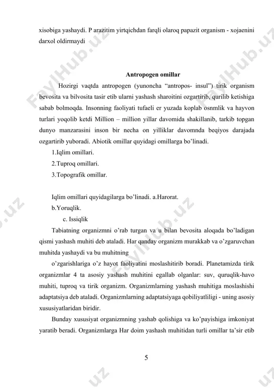 vosita ta’sir ko’rsatib turadi. 3. antropogen omillar-insoniyat jamiyati xo’jalik faoliyatining tirik organizmga ta’siri. inson omili organizmga to’g’ridan-to’g’ri ta’sir qilishi mumkin, yoki yashash muhitini o’zgartirib bilvosita ta’siri qilishi mumkin. hozirgi vaqtda butun yer sharining taqdiri antropogen omilga bog’liq bo’lib qoldi. 2. ekologik omillarning organizmga ta’siri. ayrim olingan ekologik omillar turli organizmlarga turlicha ta’sir ko’rsatadi.m-n, qattiq shamol ochiq yashaydigan yirik hayvonlarga ko’proq ta’sir qilsa, kichik, yashirin hayot kechiradigan hayvonlarga ta’sir qilmaydi. tuproqdagi tuz miqdori o’simlik uchun juda muhim bo’lsa, hayvonlar uchun ahamiyati yo’q va h.o. ba’zi ekologik omillar uzoq vaqt davomida doimiy o’zgarmas bo’ladi. masalan, tortishish kuchi, quyosh yorug’ligi, atmosferaning xususiyatlari,okean suvining tarkibi va h.o. lar. ko’pchiliq ekologik omillar, masalan, harorat, namlik, shamol, yog’ingarchiliq, oziq, yirtkichlar, parazitlar, rakobatchilar va h.o. lar o’zgarib turuvchi omillardir. bu omillarning o’zgarishi darajasi yashash muhiti xususiyatlariga bog’liq.har qanday ekologik omilni organizmga ijobiy ta’sir ko’rsatishning ma’lum chegaralari bor. omillarning bu chegaradan past yoki yuqori ta’siri organizm hayot faoliyatiga …