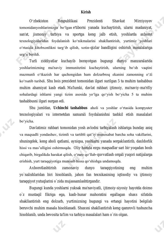 ma'naviyatli, ijtimoiy-siyosiy hayotda doimo o`z mustaqil fikriga ega, kasb-hunar mahoratini egallagan shaxs sifatida shakllantirish eng dolzarb, yurtimizning bugungi va ertangi hayotini belgilab beruvchi muhim masala hisoblanadi. shaxsni shakllantirish keng qamrovli tushuncha hisoblanib, unda bevosita ta'lim va tarbiya masalalari ham o`rin olgan. fan va texnika jadal sur'atlar bilan rivojlanayotgan, axborot oqimlari kengayib borayotgan bu davrda ta'lim tizimida sinf–dars tizimini qayta ko`rib chiqish va unga qayta ishlov berishga ehtiyoj tug`ilmoqda. xususan, darslarda, darsdan tashqari vaqtda tashkil etiladigan tarbiyaviy tadbirlarda axborot-kommunikasiya vositalarini qo`llash va shu orqali ularning natijalarini kafolatlash lozimligi yanada yaqqol namoyon bo`lmoqda. barchamizga ma'lumki, ta'limda olib borilayotgan ishlarning samarasi bir qancha omillarga: darslarni to`g`ri tashkil eta olish, dars jarayonida axborot- kommunikasiya texnologiyalaridan to`g`ri va unumli foydalana olishga bog`liq. bu borada hali ko`pgina muammolar haligacha o`z yechimini topmagan. bunday muammolarni darslarda axborot-kommunikasiya vositalarini qo`llash yuzasidan ko`pgina o`qituvchilarda hali ham ko`nikmalarning shakllanmaganligida, ba'zi holatlarda esa, to`g`ri foydalana olmaganligida, o`quvchilarning ana shunday darslarga yetarlicha …