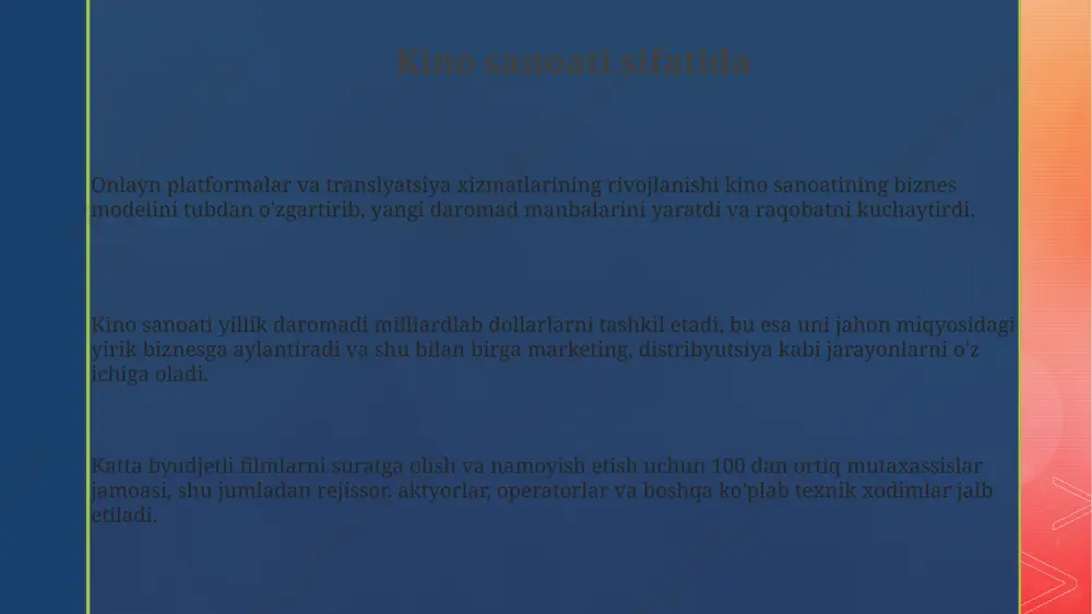 o'ra kommersial muvaffaqiyatga urg'u berilishini ko'rsatadi. kelajakdagi istiqbollar kelajakda kino sanoati, ai texnologiyalari yordamida 2040 yilga kelib, 3d va vr filmlar ishlab chiqarish hajmini 5 barobarga oshirishi mumkin. metaverse texnologiyalari kino tomosha qilish tajribasini tubdan o’zgartirib, 2030 yilga borib, interaktiv hikoyalar va 360° tomosha qilish imkoniyatlarini taqdim etadi. global kino bozorida mustaqil kinorejissyorlar soni 2025 yilga kelib 15% ga oshishi va bu esa, kino san’atining diversifikatsiyasiga olib keladi. tijorat va badiiy qiymatlar kino sanoatining yillik daromadi milliardlab dollarlarni tashkil etadi, bu uning tijoriy ahamiyatini yaqqol namoyon etadi, biroq badiiy asarlarning soni va sifati har doim ham bu daromad bilan mutanosib emas. badiiy qiymatga ega filmlar ko'pincha katta moliyaviy muvaffaqiyatga erisha olmaydi, bu esa 100 ta tijoriy filmga nisbatan atigi 10 ta haqiqiy badiiy film ishlab chiqarilishini ko'rsatadi. katta byudjetli filmlar ko'pincha tijoratga yo'naltirilgan bo'lib, ularning badiiy qiymatiga nisbatan marketing va reklamaga ko'proq mablag' sarflanadi, bu marketing xarajatlarining film byudjetining 30% …