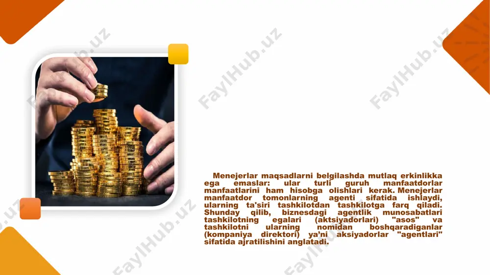 erlar qarorlari korporatsiyani boshqaruv qobiliyatlarini rivojlantirish vositasi sifatida saqlab qolishga qaratilgan bo'lsa, aktsiyadorlar dividendlar oqimini oshirish va aktsiyalari qiymatini oshirish uchun tub o'zgarishlarni ko'rishga yo’naltirilgan bo’ladi va bunday ziddiyatlar muammolarga olib kelishi mumkin. aktsiyadorlar biznes egalarini aksiyadorlar maqsadlarini hisobga olmasdan, menejerlar va xodimlarning manfaatlarini ko'zlab ishlaydigan boshqaruv korporatsiyasi deb hisoblashlari mumkin. manfaatdor tomonlarni xaritalash: kuch va qiziqish mendelou manfaatdor tomonlarni o'qlari kuch va tashkilot faoliyatiga qiziqish ehtimoli bo'lgan matritsaga joylashtirilishni taklif qiladi. ushbu omillar tashkilot manfaatdor tomonlar bilan qanday munosabatlarni yo’lga qo’yishi kerakligini aniqlashga yordam beradi. asosiy o'yinchilar d segmentda: hech bo'lmaganda strategiya ular uchun maqbul bo'lishi kerak. masalan, yirik mijoz uchun. ushbu manfaatdor tomonlar hatto qaror qabul qilishda ishtirok etishlari mumkin. c segmentidagi manfaatdor tomonlarga ehtiyotkorlik bilan munosabatda bo'lish kerak. garchi ular ko'pincha passiv bo'lsalar ham, ular d segmentga o’tib olishlari mumkin, shuning uchun ular bilan o’zaro munosabatlar mazmunli bo'lib qolishi kerak. yirik institutsional aktsiyadorlar c segmentga kirishlari mumkin. …