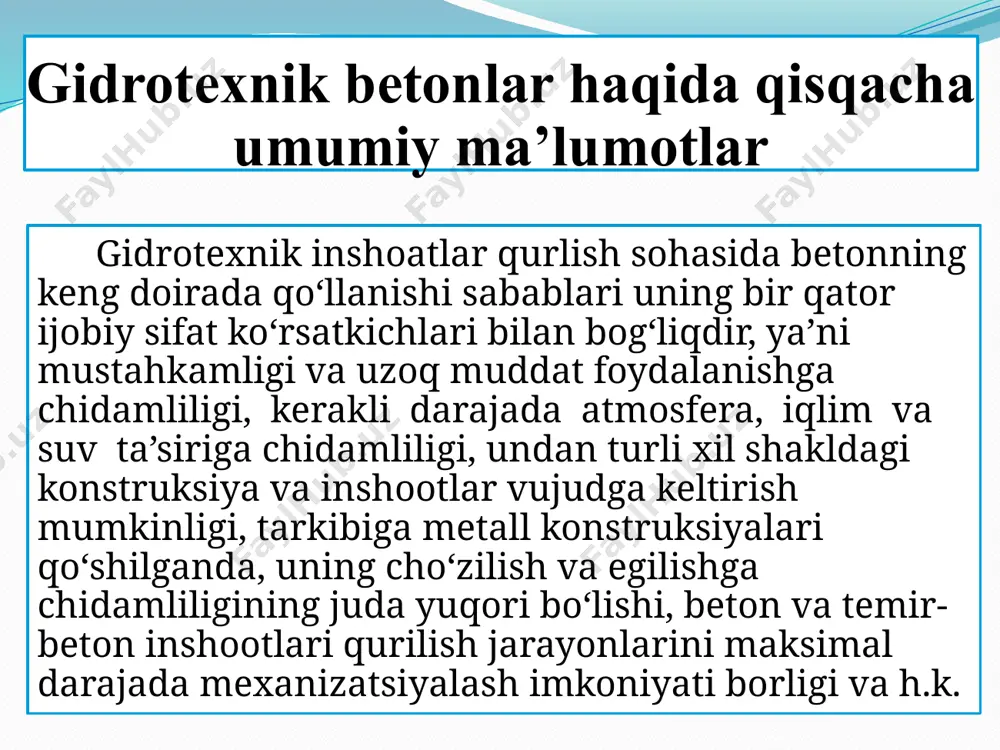 h jarayonida tо‘ldiruvchilarning yuza qismlarini sement bо‘tkasi bilan qotirishtiriladi va tо‘la xolda qoplanishiga, shuningdek yirik tо‘ldiruvchilarni qorishma bilan bir tekkisda taksimlanishiga erishishi kerak bо‘ladi. bir xil va bir tekkisdagi tuzilishiga ega bо‘lgan beton qorishmasini tayorlash uchun beton tarkibini va uni tayorlash usallarini tugri tanlash yahshi natija beradi. shuningdek qorish tirgich mashinalarini aralashtirish davomiyligini, qorish tirgichni tuldirishi koefitsentini komponentlar bilan tuldirib borishi ketma-katligini aralash uslublarini tanlash muxim ahamiyatga ega xisoblanadi. gidrotexnik inshoatlarda sifatli beton tayyorlash beton qorishmasini tayorlash asosan 3 ta usul bilan amalga oshirilishi mumkin: bir birlarini aralashtirish. 2 aralashtiri bilan bir vaktda ishlov berishi. 3 sement qorishmasini aloxila tayolab olib sekin-asta tuldiruvchilar bilan aralashtirilishi. bir vaqtning о‘zida barcha komponentlarni ralashtirib beton qorishmasini tayorlash turli xildagi beton qorish tirgich mashinalari yordamida barcha qurilishlarda xech qanday о‘zgarishsiz bir necha 10 yillardan buyon ishlatilib kelinmokda buusulni asosiy kamchiligi betonda bog‘lovchining tuliksiz xolda komponentlar bilan boglanishi bilan va boshqa usullar bilan takoslandi о‘zok …