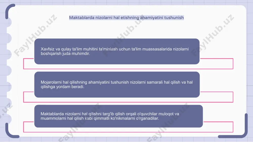 ijobiy maktab madaniyatini yaratish ijobiy maktab madaniyatini yaratish uchun ta'lim muassasalarida nizolarni boshqarish juda muhimdir. ijobiy maktab madaniyatini targ'ib qilish orqali ta'lim muassasalari nizolarni minimallashtirishi va uyg'un ta'lim muhitini yaratishi mumkin. samarali muloqot, empatiyani rivojlantirish va talabalarning ishtirokini rag'batlantirish kabi strategiyalarni amalga oshirish mojarolarni minimallashtirishga yordam beradi. ta'lim muassasalarida bezorilik va ta'qiblarga qarshi kurashish ta'lim muassasalarida nizolarni boshqarish xavfsiz va inklyuziv muhitni yaratish uchun juda muhimdir. bezorilik va ta'qiblarga qarshi kurashish talabalar va xodimlarning farovonligini ta'minlash uchun juda muhimdir. samarali strategiyalar va tadbirlarni amalga oshirish orqali ta'lim muassasalari ijobiy ta'lim tajribasini rag'batlantirish orqali nizolarning oldini olish va boshqarishi mumkin. mojarolarni boshqarish vositalari sifatida hamkorlik va jamoaviy ishlarni rivojlantirish ta'lim muassasalarida nizolarni boshqarish hamkorlik va jamoaviy ishlarni rivojlantirish uchun muhim ahamiyatga ega. mojarolarni konstruktiv tarzda hal qilish orqali talabalar va xodimlar birgalikda samarali ishlashni o'rganishlari mumkin. mojarolarni boshqarish vositasi sifatida hamkorlik va jamoaviy ishlarni rag'batlantirish o'rganish uchun ijobiy va qo'llab-quvvatlovchi muhit …
