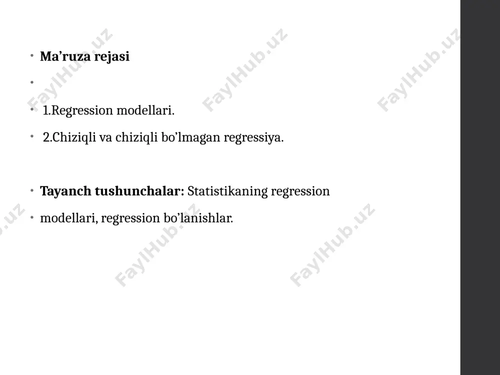 kin: korrelyatsiya koeffitsienti quyidagi xossalarga ega: korrelyatsiya koeffitsienti – 1 va 1 orasida bo`ladi: agar korrelyatsiya koeffitsienti musbat bo`lsa, kuzatilayotgan 2 belgi orasida to`g`ri proportsional bog`lanish mavjud bo`ladi, ya’ni bir belgining son qiymatlari o`sishi bilan (kamayishi bilan) ikkinchi belgining ham son qiymatlari o`sadi (kamayadi). agar korrelyatsiya koeffitsienti manfiy bo`lsa, kuzatilayotgan 2 belgi orasida teskari proportsional bog`lanish mavjud bo`ladi, ya’ni bir belgining son qiymatlari o`sishi bilan (kamayishi bilan) ikkinchisining son qiymatlari kamayadi (o`sadi). agar r = 0 bo`lsa, korrelyatsion bog`lanish mavjud bo`lmaydi. agar r = 1 yoki r = -1 bo`lsa, kuzatilayotgan 2 belgi orasida funktsional bog`lanish mavjud bo`ladi. bu erda regressiya koeffitsentlarini larni hisoblanmasdan ham topsa bo`ladi: image1.wmf image10.wmf image2.wmf image3.wmf image4.wmf image5.wmf image6.wmf image7.wmf image8.wmf image9.wmf oleobject5.bin oleobject6.bin oleobject7.bin oleobject8.bin oleobject9.bin oleobject10.bin oleobject1.bin oleobject2.bin oleobject3.bin oleobject4.bin image11.wmf oleobject11.bin image12.wmf oleobject12.bin image13.wmf image14.wmf oleobject13.bin oleobject14.bin i x i y i y 1 x 2 x n x 1 y 2 …