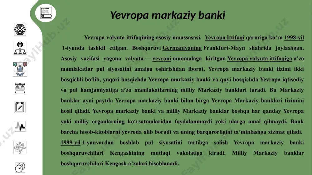 obotlarni tayyorlash yevro ittifoq moliya tizimi uchun yangi qoidalar va qoidalarni ishlab chiqish ecb rasmiylari tomonidan ko'rsatmalar ishlab chiqish boshqaruvchilar kengashi tomonidan boshqariladigan o'n uch qo'mita ichki auditorlar qo'mitasi; banknotalar qo'mitasi; byudjet qo'mitasi; tashqi aloqa qo'mitasi; buxgalteriya hisobi va pul daromadlari qo'mitasi; yuridik qo'mita; bozor faoliyati bo'yicha qo'mita; pul siyosati qo'mitasi; xalqaro aloqalar qo'mitasi; statistika qo'mitasi; bank nazorati qo'mitasi; axborot tizimlari qo'mitasi; to'lov va hisob-kitob tizimlari qo'mitasi ecb vazifalari emissiya - evro evro hududida chegirma stavkalarini aniqlash (asosiy stavka, depozit stavkasi, kredit stavkasi). bank nazorati (maslahat huquqi sifatida) evro hududida maslahat berish evro hududidagi statistikani va moliya tizimi faoliyatining boshqa muhim ko'rsatkichlarini tahlil qilish ecb ko'plab pul-kredit tebranish dastagidan foydalanib, quyidagi vazifalarni bajaradi asosiy operatsiyalar (asosiy qayta moliyalashtirish doirasida) - qarz mablag'larini evroda oldindan belgilangan stavka bilan 14 kungacha taqdim etish. uzoq muddatli operatsiyalar (uzoq muddatli qayta moliyalashtirishning bir qismi sifatida) - 3 oygacha oldindan belgilangan stavka bo'yicha evroda kredit …