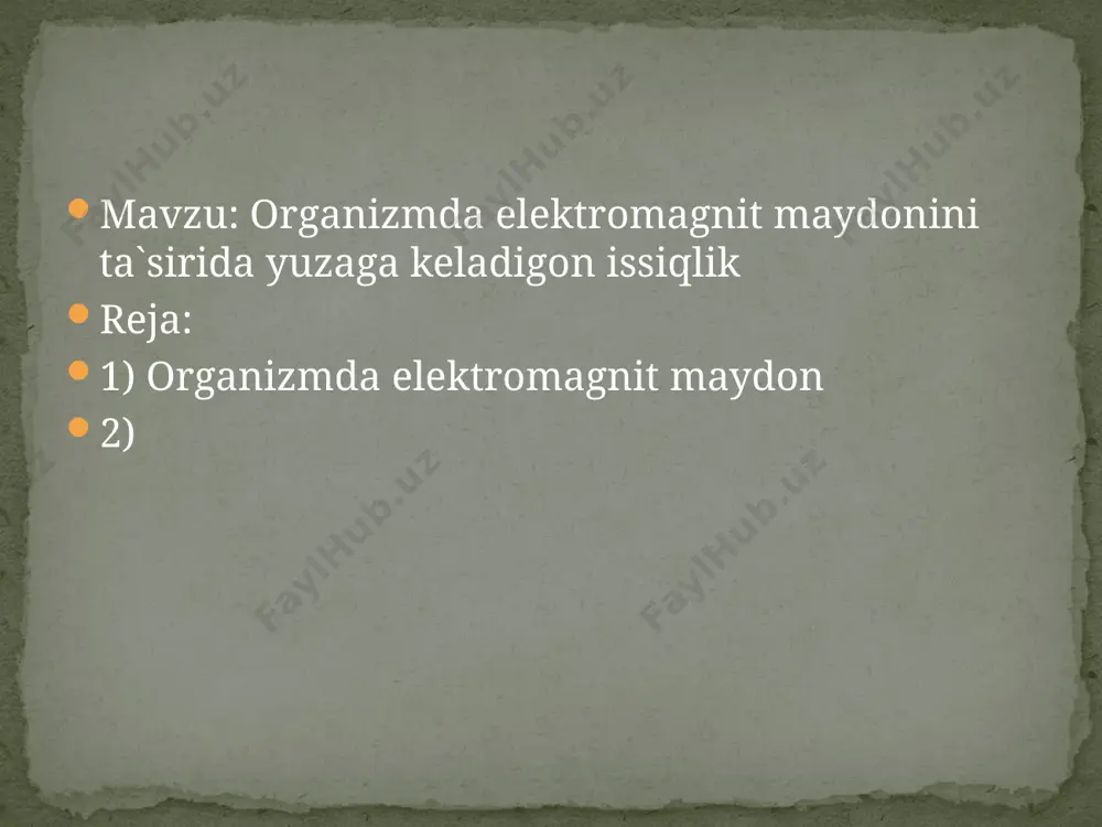 zuvchanligi va energiya yutish nisbatini oshiradi, ammo kirib borish chuqurligini kamaytiradi. uzunligi 10 sm dan qisqa bo’lgan to’lqinlarning asosiy qismi teri hujayralarida yutilishi tajriba asosida tasdiqlangan. 10-30 sm diapazondagi nurlanishlar teri hujayralarida kam yutiladi (30-40%) va asosan ularning yutilishi insonning ichki organlariga to’g’ri keladi. bunday nurlanishlar nihoyatda xavfli hisoblanadi. organizmda hosil bo’lgan ortiqcha issiqlik ma’lum chegaragacha inson organizmining tyermoregulyasiyasi hisobiga yo’qotilishi mumkin. issiqlik chegarasi deb ataluvchi ma’lum miqdordan boshlab (i>10 mvt/sm2), inson organizmda hosil bo’layotgan issiqlikni chiqarib tashlash imkoniyatiga ega bo’lmay qoladi va tana harorati ko’tariladi, bu esa o’z navbatida organizmga katta zarar etkazadi. issiqlik yutilishi inson organizmining suvga syerob qismlarida yaxshi kechadi (qon, muskullar, o’pka, jigar va h.k). ammo issiqlik ajralishi qon tomirlari sust rivojlangan va tyermoregulyasiya ta’siri kam bo’lgan organlar uchun juda zararlidir. bularga ko’z, bosh miya, buyrak, ovqat hazm qilish organlari, o’t va siydik xaltalari kiradi. ko’zning nurlanishi ko’z korachig’ining xiralashishiga (kataraktaga) olib keladi. odatda ko’z qorachig’ining …