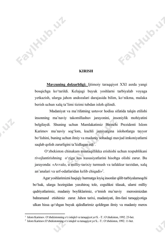 t.] milliy istiqlol davrida xalq og‘zaki ijodi durdonalarida targ‘ib etilgan tarbiyaviy g‘oyalar yoshlarga milliy tarbiya berishda, milliy o‘zlikni anglashda asosiy vosita bo‘la oladi. zero, «...ularda ifoda etilgan teran fikr va g‘oyalar, hayot falsafasi bizni bugun ham hayratda qoldirishiga yana bir karra amin bo‘lamiz»[footnoteref:4]. shuning uchun ham yurtimizda bu bebaho madaniy meros «ma’naviyatni shakllantiradigan asosiy mezonlar»dan[footnoteref:5] biri sifatida e’tirof etilmoqda. [4: islom karimov. yuksak ma’naviyat – yengilmas kuch. –t.: ma’naviyat, 2008. 31-bet.] [5: islom karimov. yuksak ma’naviyat – yengilmas kuch. –t.: ma’naviyat, 2008. 29-bet.] folklorning epik turlaridan biri ertak janri hisoblanadi. «ertaklar hayot haqiqatini xayoliy va hayotiy uydirmalar asosida tasvirlaganligi, tilsim va sehr vositalariga asoslanishi, voqea va harakatlarning ajoyib-g‘aroyib holatlarda kechishi, qahramonlarning g‘ayritabiiy jasorati bilan folk­lorning boshqa janrlaridan farq qiladi»[footnoteref:6]. ertaklar olami mo‘jizakor, o‘ziga xos rang-barang va ko‘p qirrali, shu bilan birga, maftunkor va murakkab jihatlari bilan dunyo yaralgandan buyon tafakkur egalarini o‘ziga jalb etib kelmoqda. bu olamga kishi bolalik chog‘laridanoq …