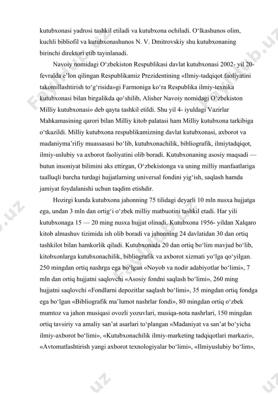 tiq bo‘lim mavjud bo‘lib, kitobxonlarga kutubxonachilik, bibliografik va axborot xizmati yo‘lga qo‘yilgan. 250 mingdan ortiq nashrga ega bo‘lgan «noyob va nodir adabiyotlar bo‘limi», 7 mln dan ortiq hujjatni saqlovchi «asosiy fondni saqlash bo‘limi», 260 ming hujjatni saqlovchi «fondlarni depozitlar saqlash bo‘limi», 35 mingdan ortiq fondga ega bo‘lgan «bibliografik ma’lumot nashrlar fondi», 80 mingdan ortiq o‘zbek mumtoz va jahon musiqasi ovozli yozuvlari, musiqa-nota nashrlari, 150 mingdan ortiq tavsiriy va amaliy san’at asarlari to‘plangan «madaniyat va san’at bo‘yicha ilmiy-axborot bo‘limi», «kutubxonachilik ilmiy-marketing tadqiqotlari markazi», «avtomatlashtirish yangi axborot texnologiyalar bo‘limi», «ilmiyuslubiy bo‘lim», «milliy bibliografiya bo‘limi», «axborotma’lumot xizmati bo‘limi» kabilar mavjud. kutubxona respublikamiz kutubxonalari uchun ancha yillardan beri kutubxonashunoslik, o‘lkashunoslik ishi va bibliografiya ishi bo‘yicha asosiy uslubiy markaz va rahbar vazifasini bajarib kelgan. kutubxonaning birinchi direktori n. v. dmitrovskiy rus kitoblari fondining katalogini, keyingi direktori s. a. lidskiy esa alifbo katalogini tuzganlar. shuningdek, boshqa mamlakatlar kutubxonalarining bibliografik nashrlari, respublikada tuzilayotgan barcha turdagi bibliografik nashrlar, …